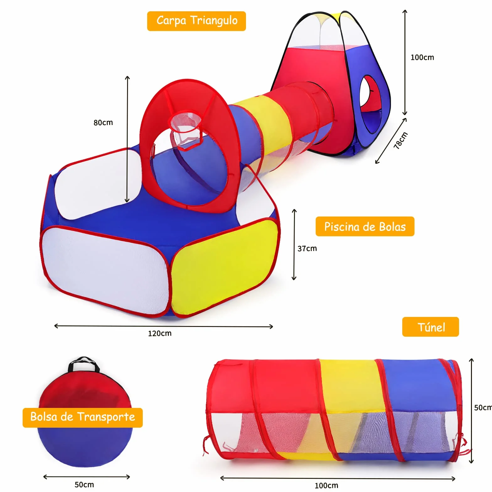 Tienda Campaña Infantil + Piscina de Bolas + Túnel Plegable 3 en 1 Pop Up, Opret Parque de Bolas Exterior o Interior, Juego de Regalo para Niños (No Incluye Las Bolas)