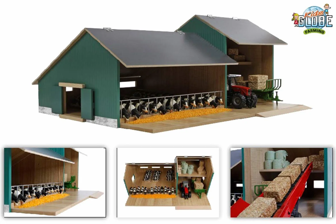 Kids Globe 610200 Wooden Cow Hutch with Warehouse, Hinged Roof, Farm with Scale 1:32, Wooden Farm, Wooden Hutch, Farm Toy