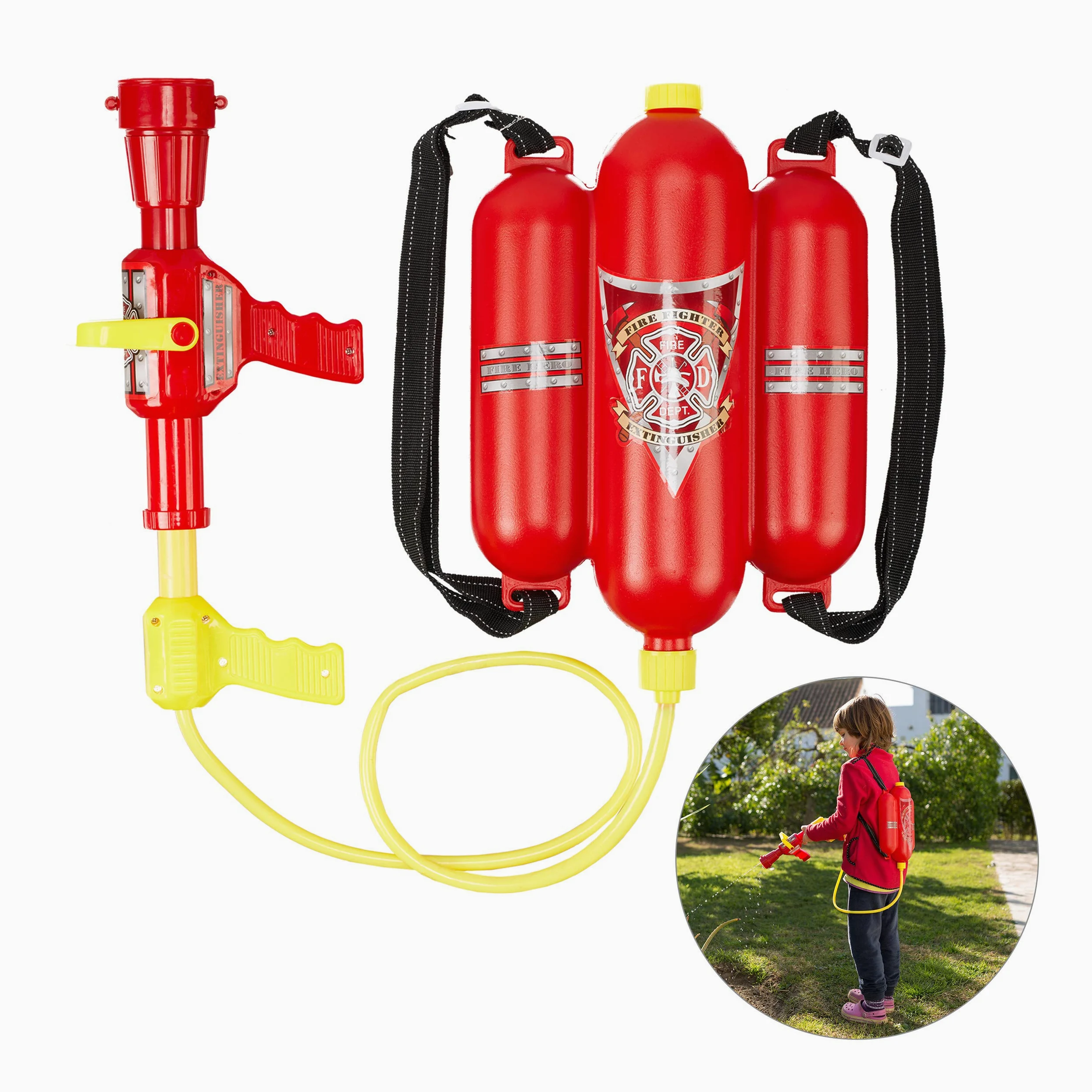 Relaxdays Set 2 Pistolas de Agua Mochila Bombero, Depósito de 2,5l, Extintor Incendio Juguete Niños, Juego Verano, Rojo/Amarillo | Alcance de 5 m, 2 funciones de pulverización, mochila de extinción para niños