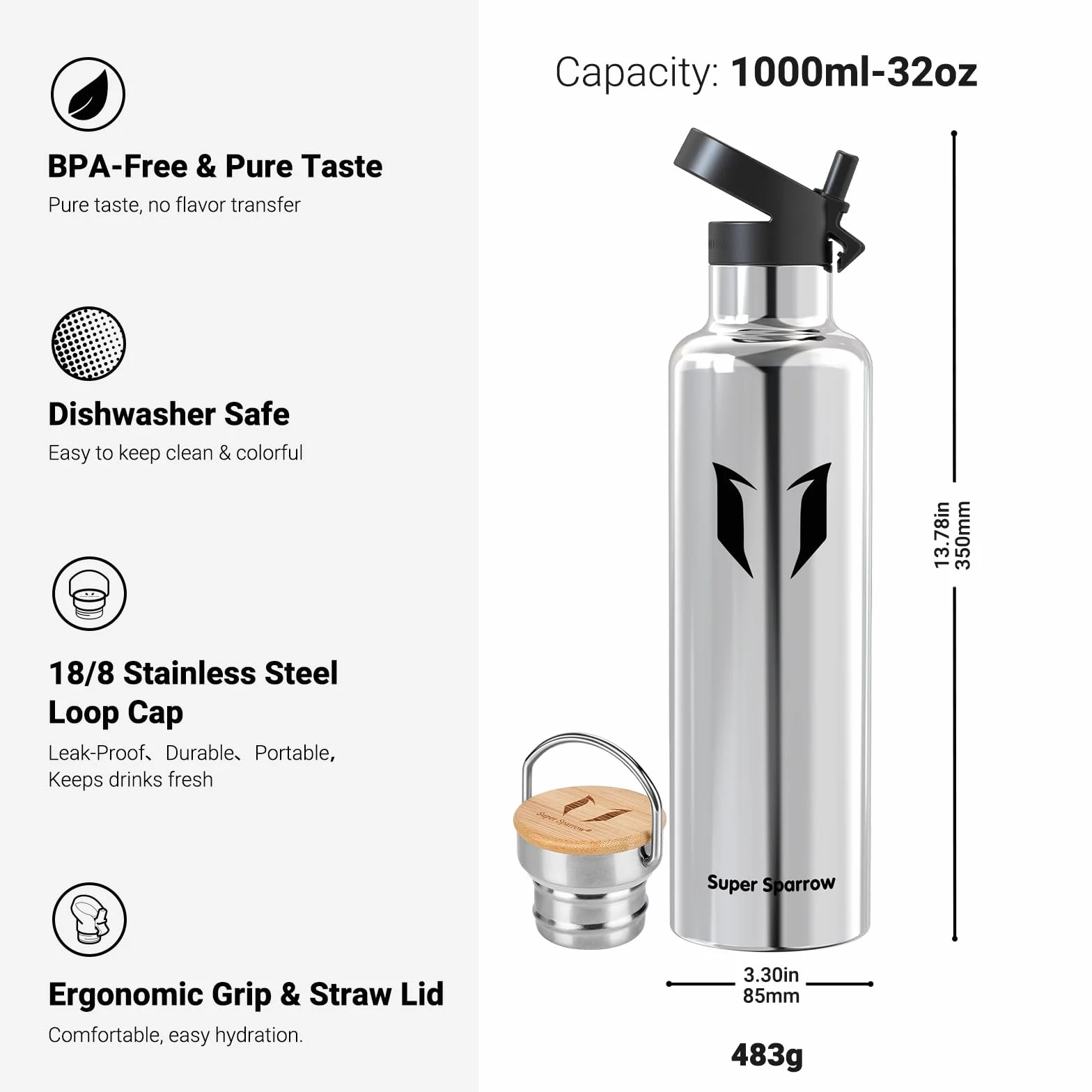 Super Sparrow Botella Agua Acero Inoxidable 500ml 750ml 1L Termica Boca Estándar Sin BPA