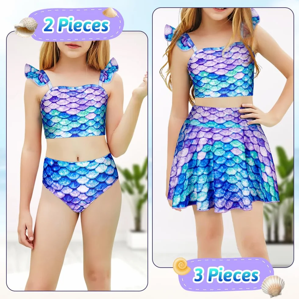 Conjunto de Bikini para Niñas 3 Piezas Traje de Baño con Volantes y Falda Bañador Infantil Playa