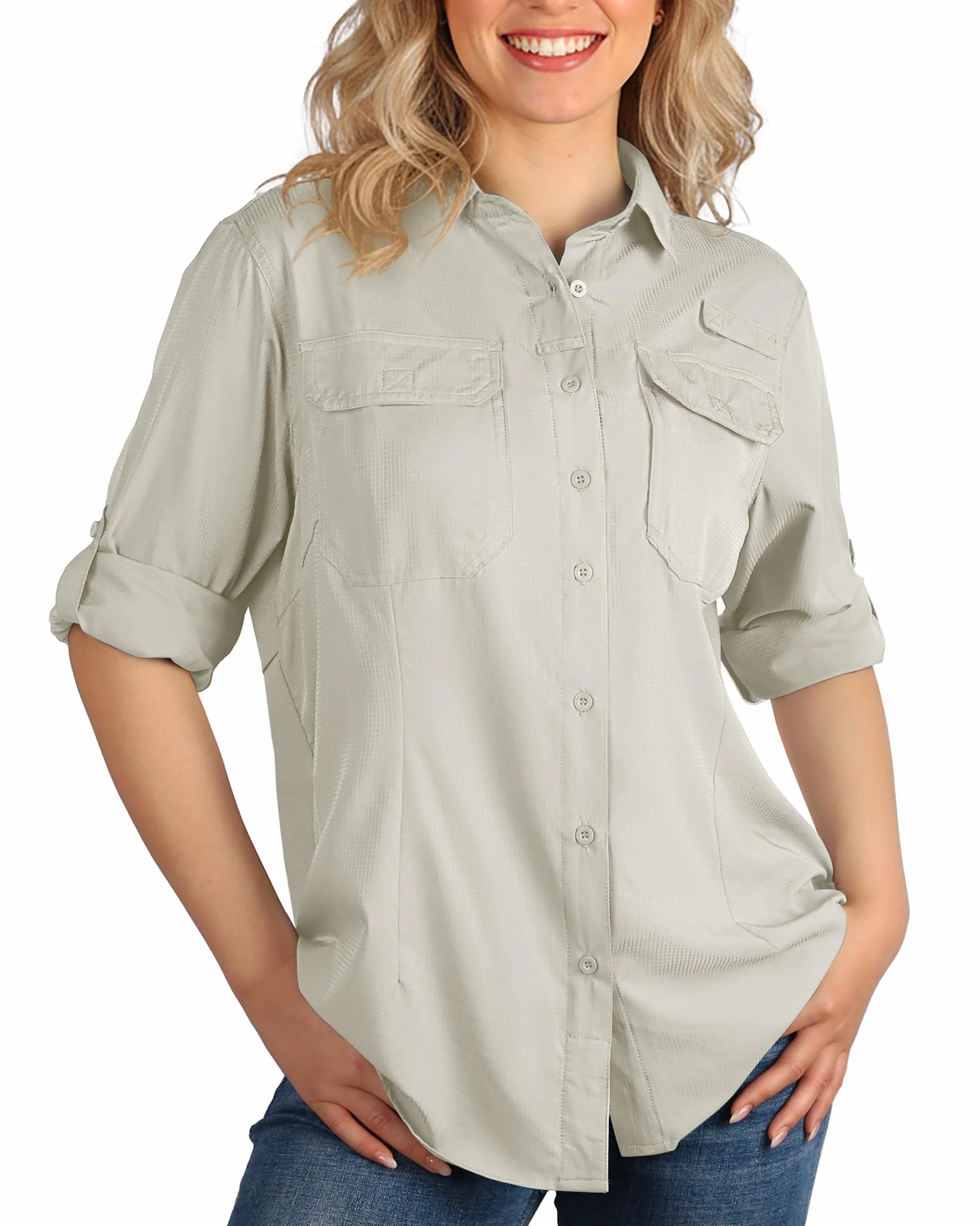 Camisa para mujer UPF50 protección UV secado rápido botones transpirable senderismo safari pesca viajes