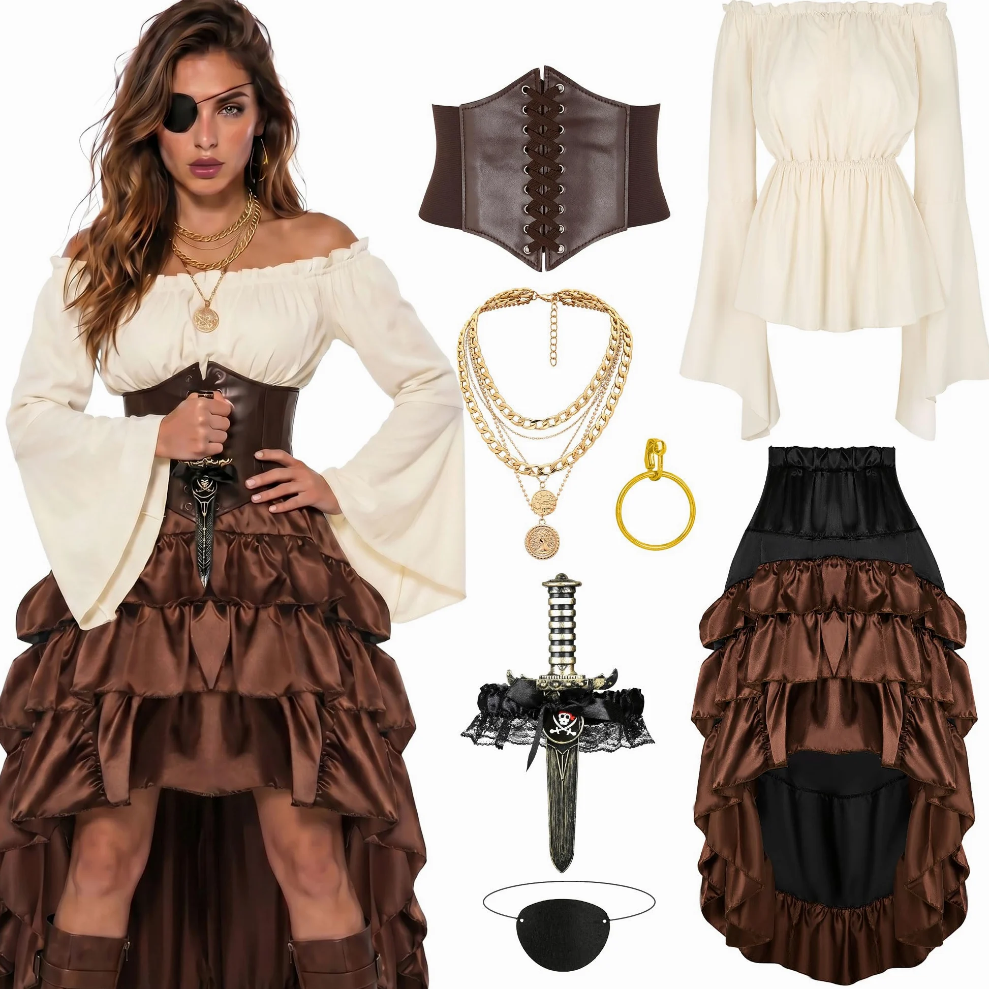 CICOCI Disfraz de pirata para mujer, corsé renacentista, falda steampunk, accesorios de pirata, disfraz completo de Halloween
