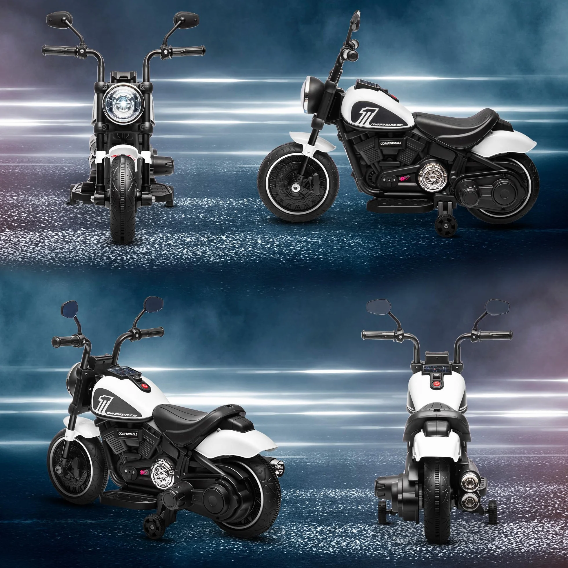 HOMCOM Moto Eléctrica para Niños 18-36 Meses, Batería 6V, Faro, Ruedas Auxiliares, Carga 25 kg, Blanco