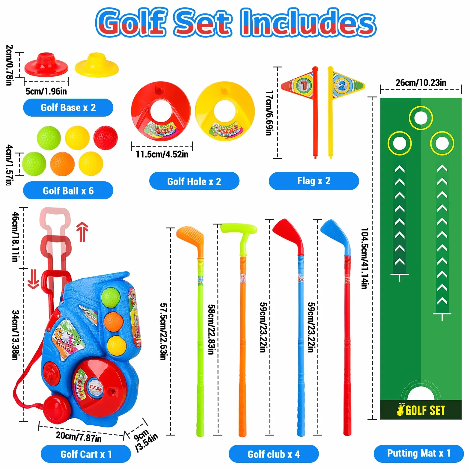 deAO Juego de Golf para Niños con Carrito Almacenamiento, 18 Pcs Golf Set, 4 Palos, 6 Pelotas, 2 Hoyos, Alfombrilla Putting - Juguetes Deportivos Interior Exterior Regalo Niñas Niños 3-6 Años (Azul)
