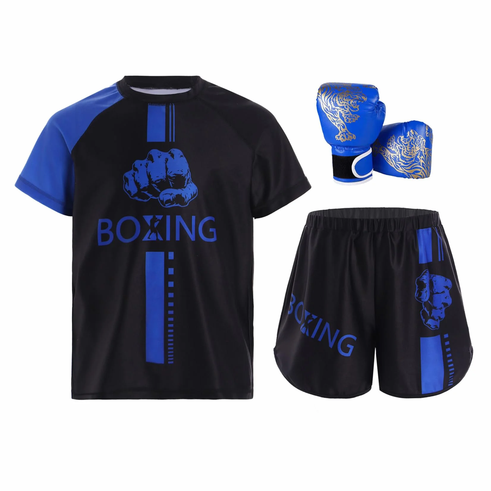 Conjunto de boxeo para niño, camiseta, pantalones cortos y guantes Muay Thai MMA Kickboxing