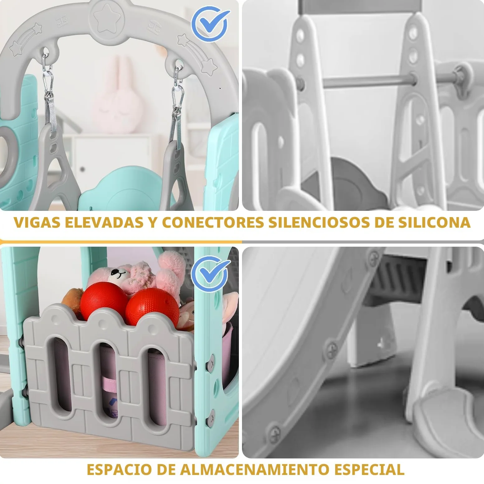 Tobogán y Columpio, Parque Infantil 5 en 1, con Tobogán Largo, Columpio, Escalada, Telescopio de Juego, Almacenamiento, Tobogán para Interior y Exterior, Juego de Tobogán para Bebé, Verde Gris