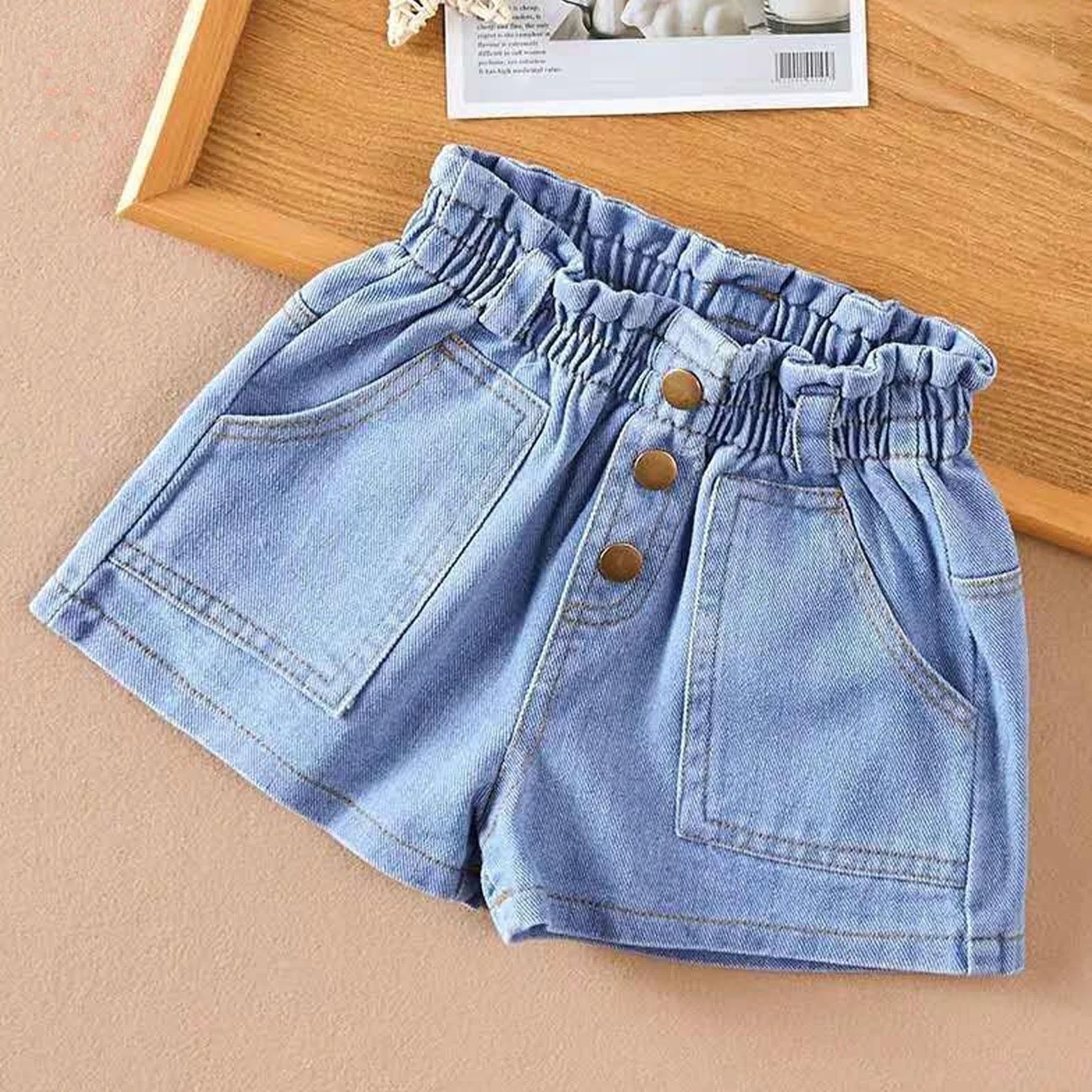 Pantalones Cortos Vaqueros Niñas 3 Botones Verano Ligero Sesión Fotos Recién Nacido
