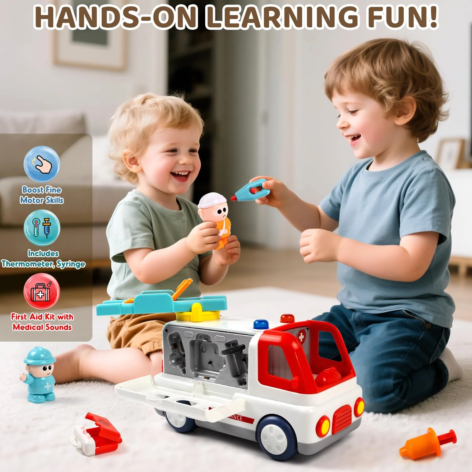 Juguete de ambulancia para niños a partir de 1, 2, 3 y 4 años con sonido ligero, ambulancia Montessori con figuras de accesorios médicos, muchas funciones juguetes educativos vehículos, regalos para