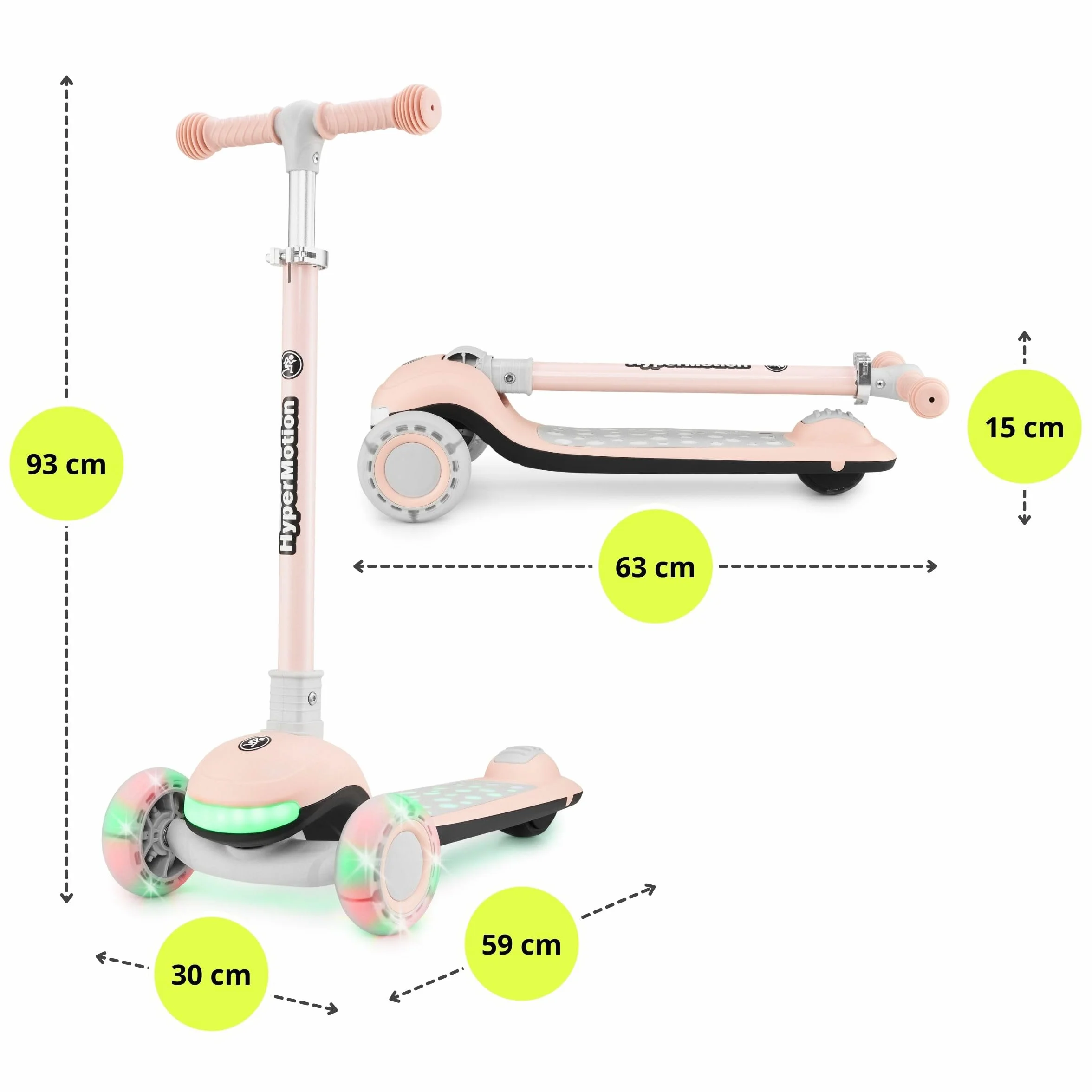 HyperMotion Patinete para niños con Luces LED 3 en 1 LUMI, Asiento Ajustable, Plegable, Ruedas de PU, Manillar T-Bar, hasta 50 kg, Desde 1 año, Uso Interior y Exterior (Rosa)
