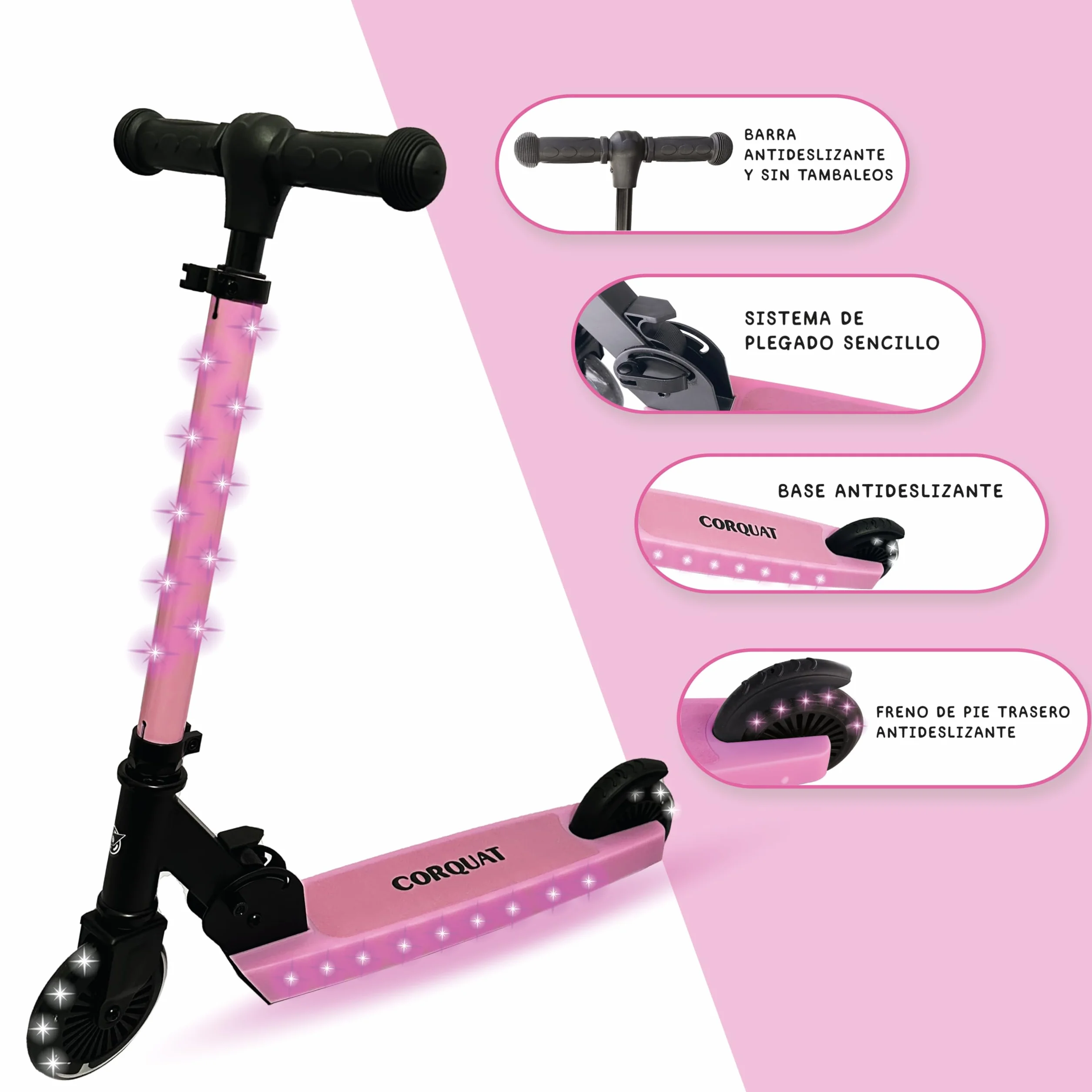 Patinete con Luces led, Patinete Plegable, Altura Ajustable para niños de 3 a 10 años, Scooter Capacidad de Peso hasta 60kg.