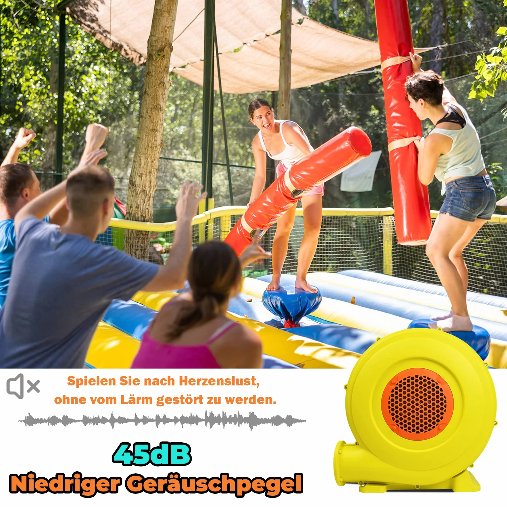 Froadp 750W Ventilador de Aire para Castillo Hinchable 220-240V Bomba Inflable Eléctrica con Mango y Pica de Tierra Ventilador Centrífugo Hinchable Soplador para Juegos Inflables (Amarillo+Naranja)