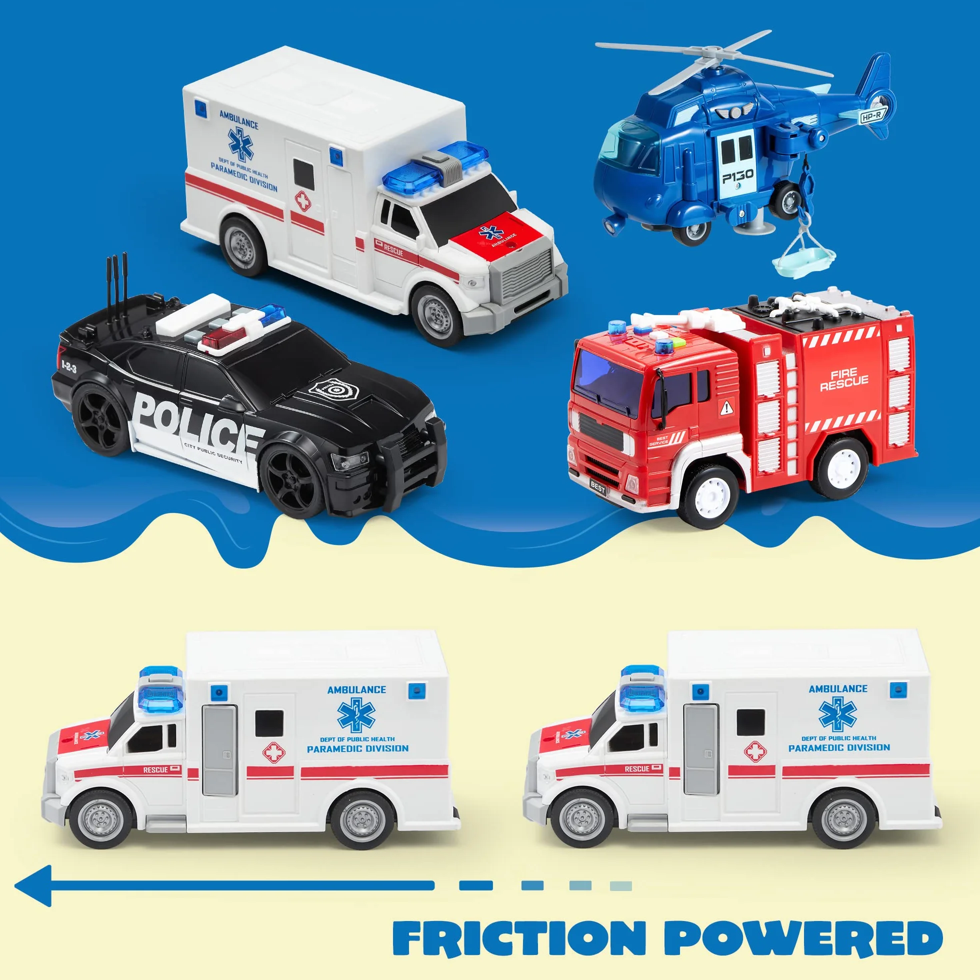 JOYIN Juego de 4 héroes urbanos impulsados por fricción Que Incluye camión de Bomberos, Ambulancia, Coche de policía y helicóptero, vehículos de Emergencia con luz y Sonido