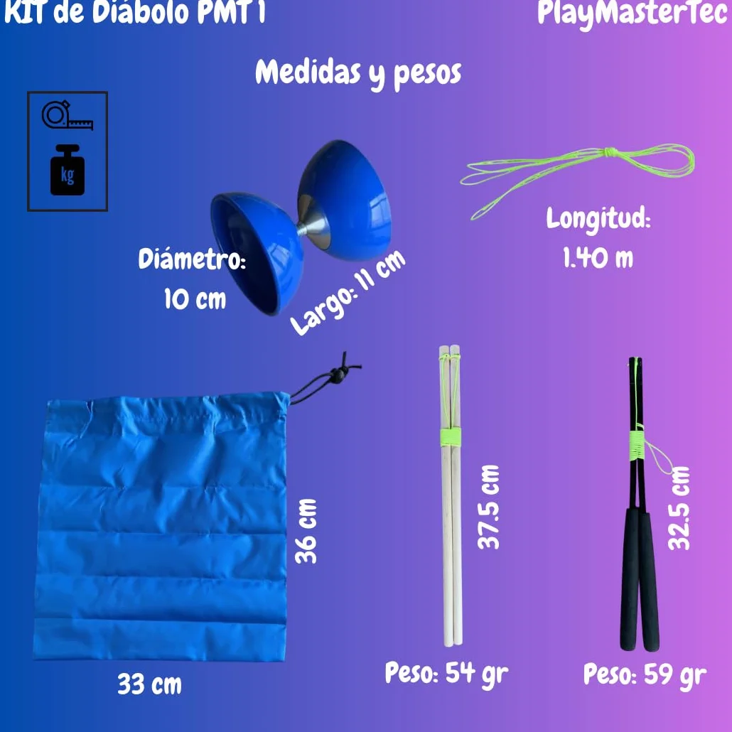 Diábolo Azul Eje Fijo Kit 2 Juegos de Palos niños y Adultos Regalo Ideal