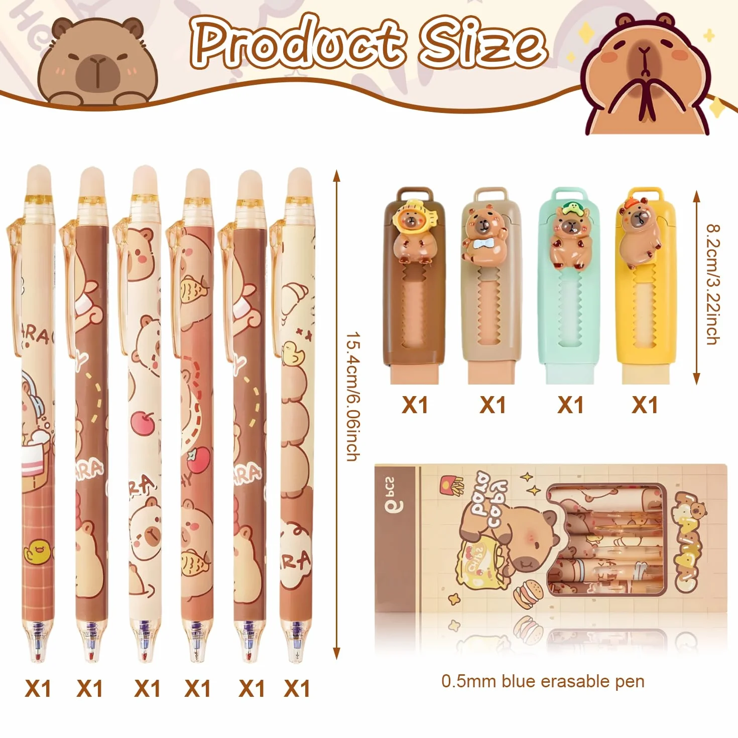 4 Gomas de Borrar Rretráctil Capibara 6 Boligrafos Borrable Azul Bolis Borrables Goma de Borrable Capybara Papeleria Set para estudiantes y adultos para la Escuela y Oficina(0,5 mm)