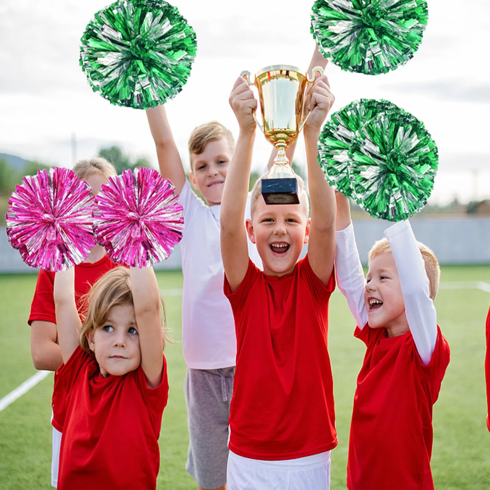 Animadora Pompones, Cheerleader Pompom 35cm, Pompones de Lámina Metálica con Manija para Fútbol Deportivo y Danza