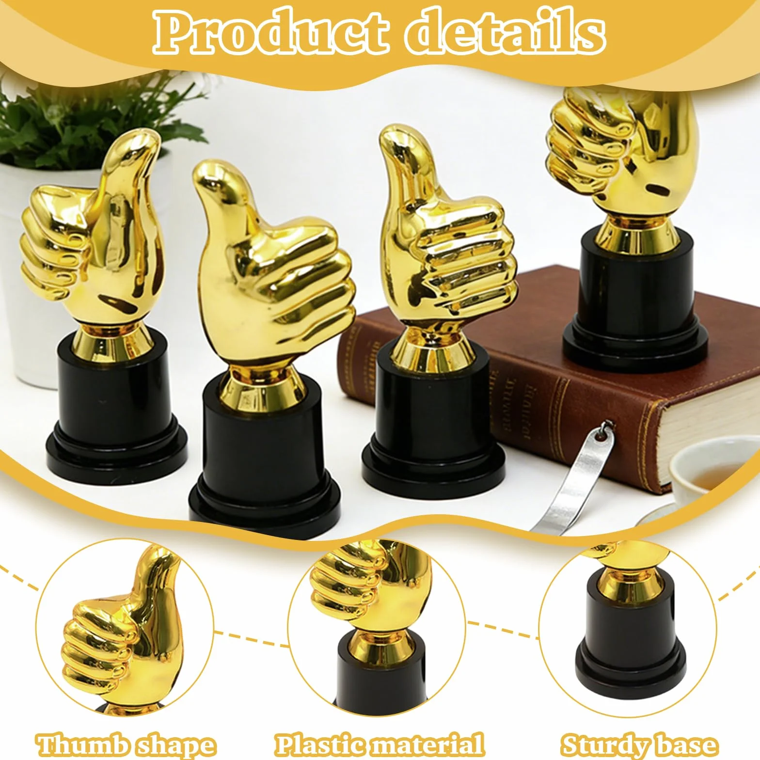 Mini Trofeo Dorado Plástico 13 x 5 cm Copa de Oro Forma del Pulgar 4 Piezas