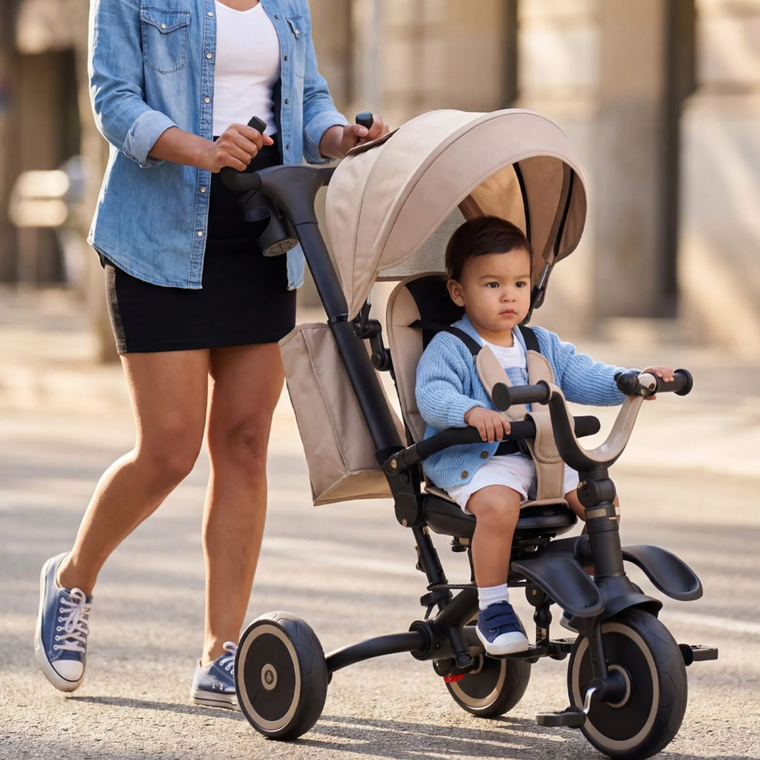 VEVOR Triciclos Plegable para Niños de 1,5 a 5 Años, Triciclo Infantil con Manillar de Empuje, Capota, Asiento Giratorio, Espacio de Almacenamiento, Cuadro de Acero al Carbono, Caqui y Negro