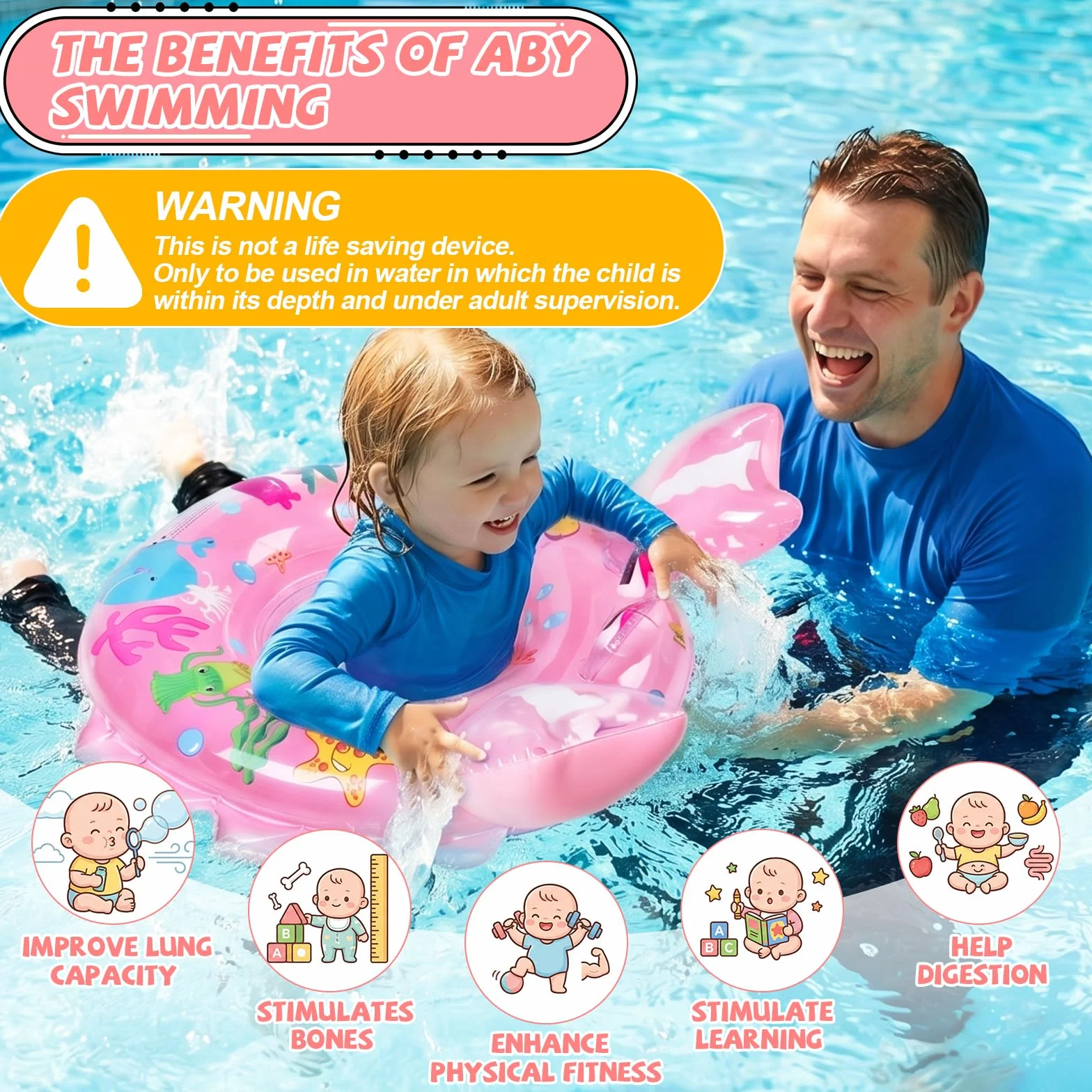 Ninonly Flotador Bebe Anillo de Natación Inflable Asiento con Bomba de Aire,2Parches de Reparación para Niños de 12 a 36 Meses Baño y Entrenamiento de Natación,Piscina,Playa,Bañera (Rosa Cangrejo)