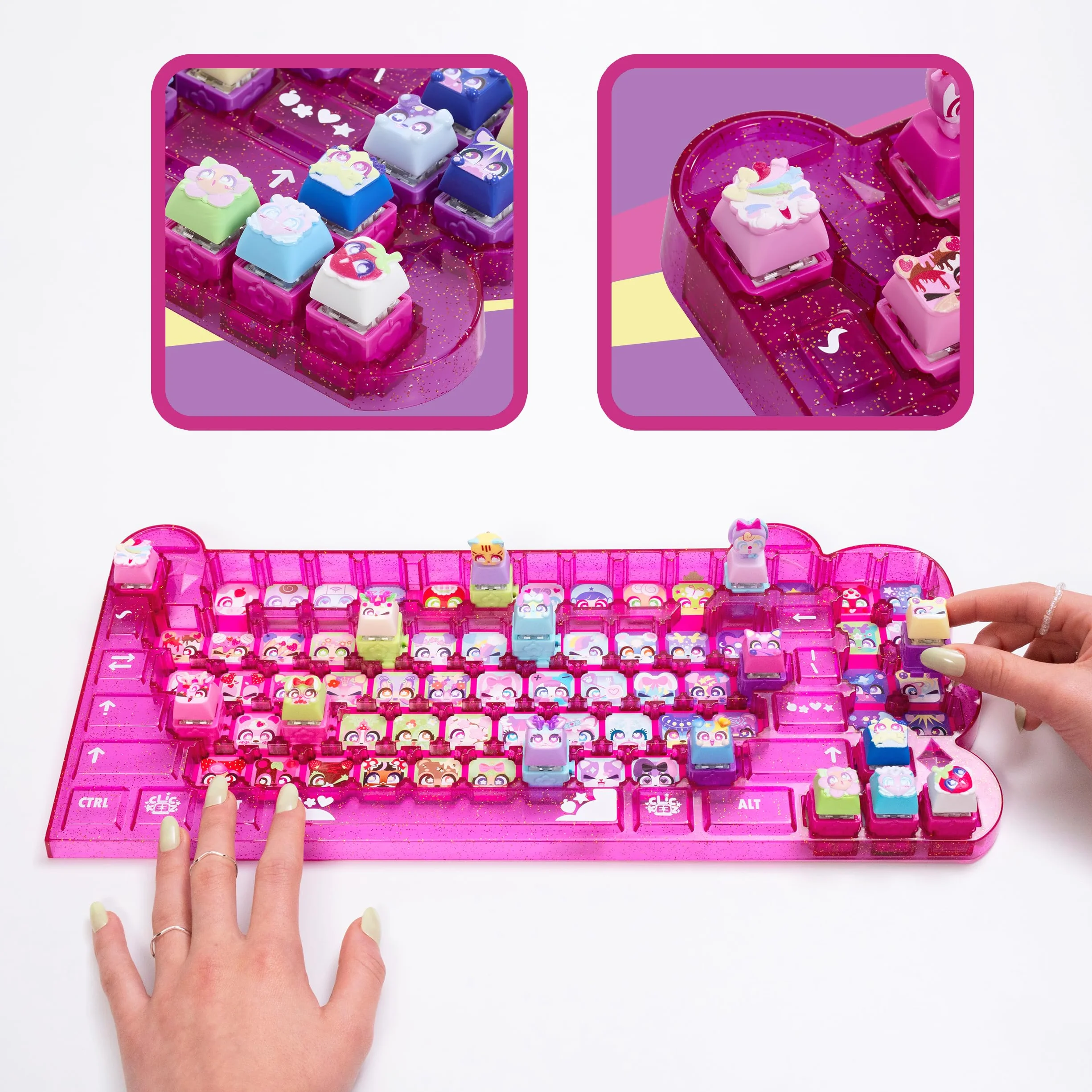 Goliath - CLICKEEZ Keyboard MegaPack - 1 Teclado + 15 Teclas Keycaps Kawaii para Hacer Clic + 1 Llavero - Keycaps para Encajar - 70 Personajes - Juguete Fidget ASMR - Idea de Regalo Desde los 6 años