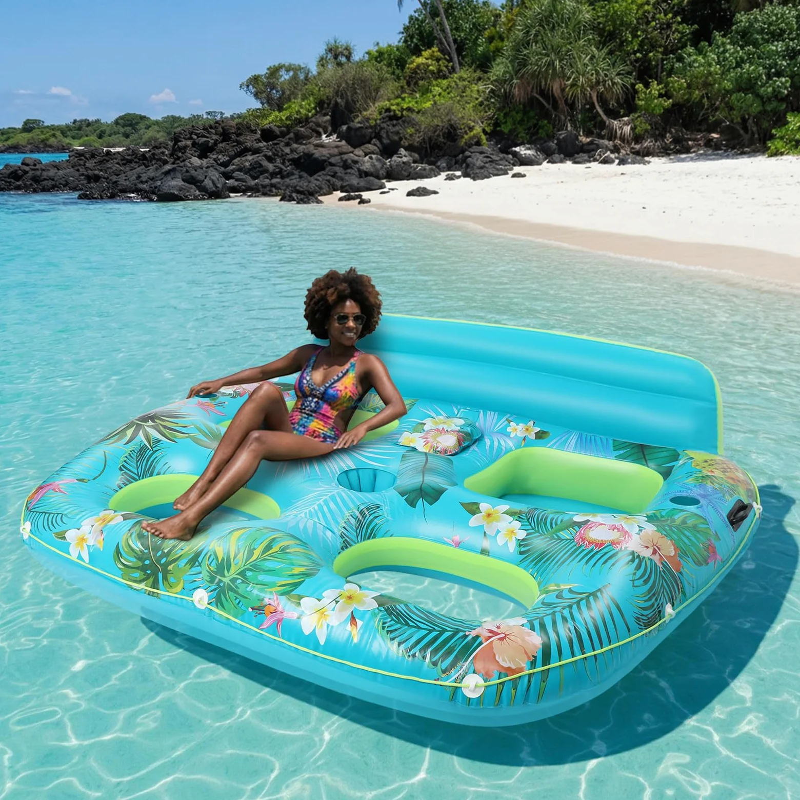 Colchón hinchable para 2 personas, sillón flotante con soporte para bebidas y asa, piscina con red, perfecto para vacaciones, piscina, piscina al aire libre