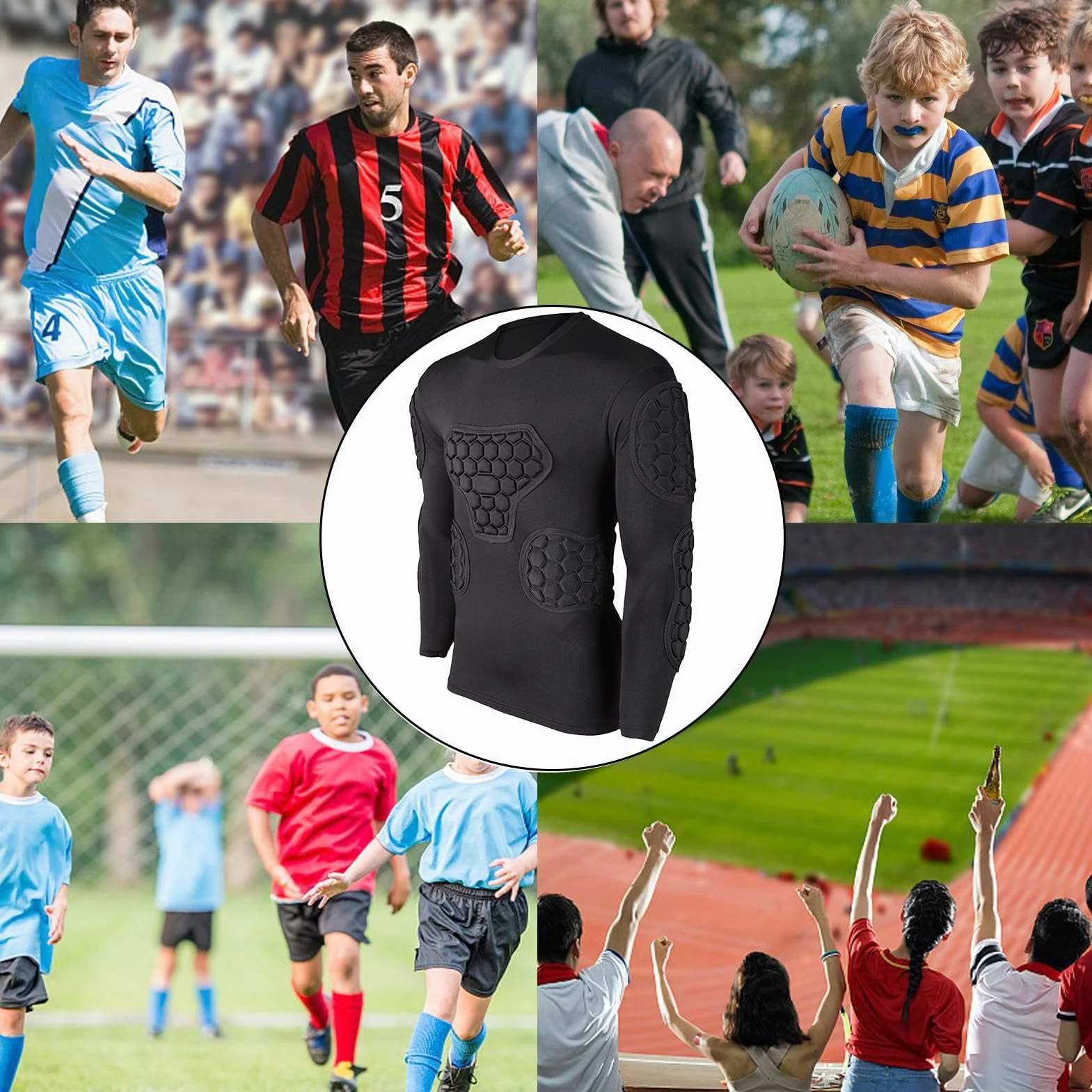Teksome Camiseta de compresión acolchada de fútbol para portero manga larga negra