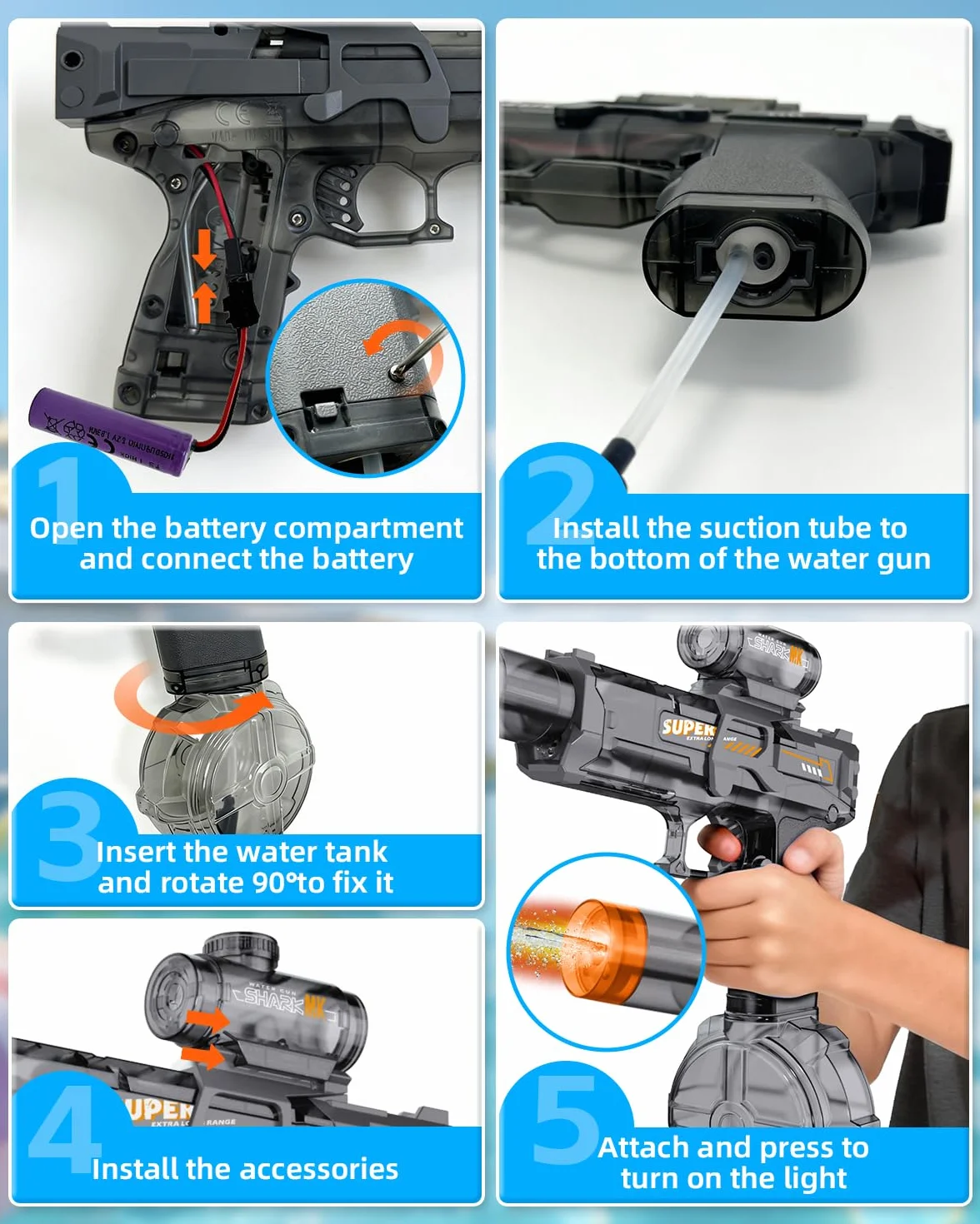 2 Piezas Pistola de Agua Eléctrica, Pistola de Agua Niños con Llama LED, Gran Capacidad Recargable Pistola de Agua Automática, Alcance 8-10 M, Exterior Juguetes para Niños 3+, Piscina, Playa, Fiesta