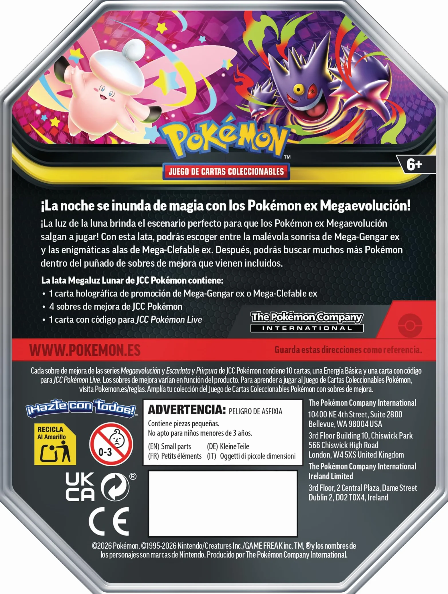 Pokémon JCC Lata Megaluz Lunar Mega-Clefable ex 4 Sobres de Mejora 1 Carta holográfica