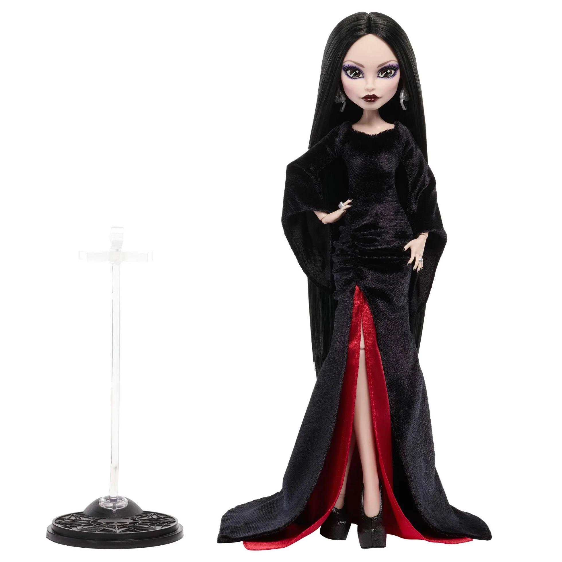 Monster High x Miércoles Muñeca Coleccionable de Morticia Addams con Vestido de Terciopelo Negro y carmesí con Joyas, Tacones inspirados en la Serie y Soporte para la muñeca, JLK99