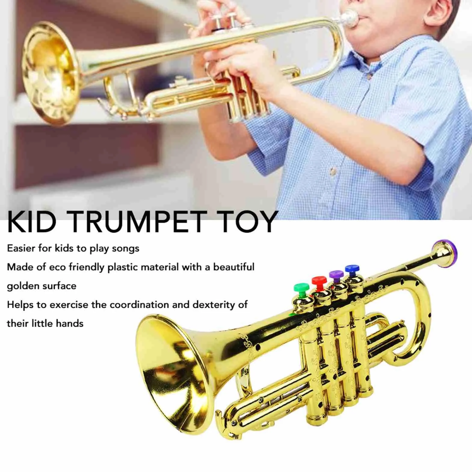 Generic Juguete Educativo de Trompeta Dorada para Niños con 4 Teclas de Colores, Sonido de Nota Diferente para Entrenamiento Musical para Niños