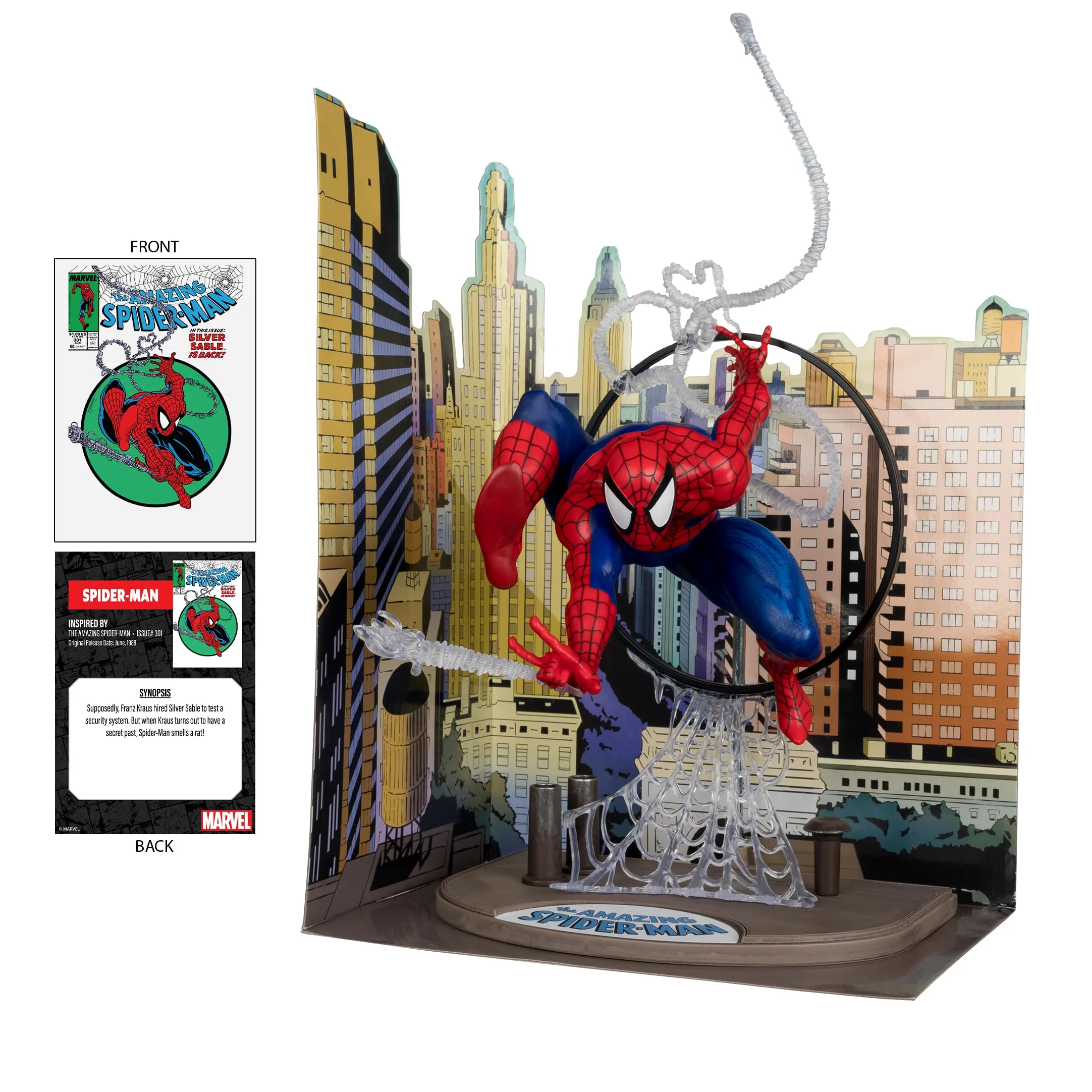 McFarlane Marvel Spider-Man Figura Posada a Escala 1:6 con Escena y cómic (basado en The Amazing Spider-Man #301) Juguetes | Escena de telón de fondo, cómic