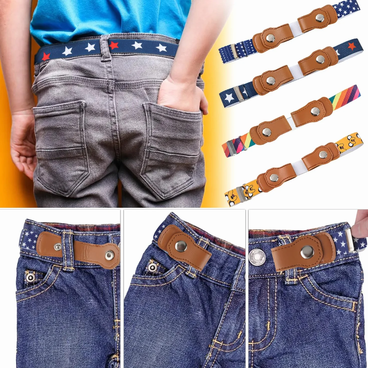 Cinturón elástico ajustable sin hebilla para niños de 3 a 12 años 4 unidades