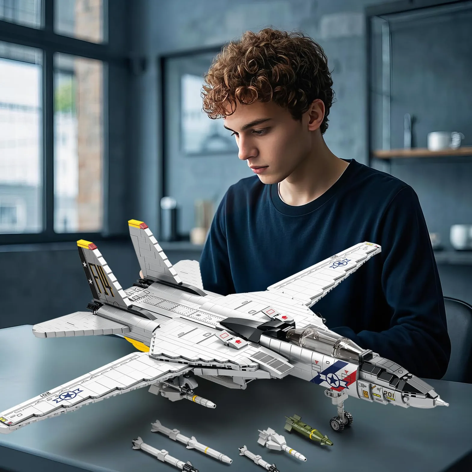 Reobrix F-14 Tomcat Fighter Jet - Juego de construcción de 1600 bloques de alas móviles, kit de modelo de avión militar para adultos y niños a partir de 14 años, unisex, no plegable