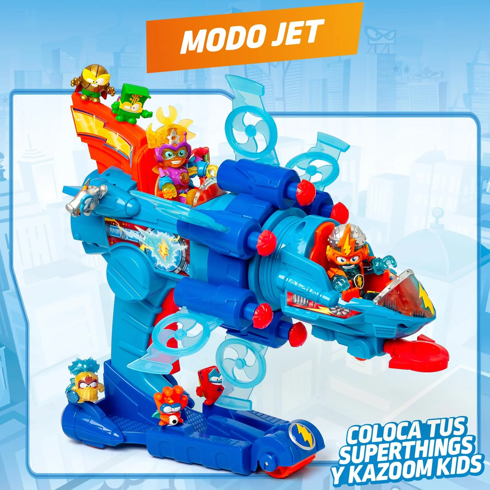 SUPERTHINGS KAZOOM Power – Vehículo Multi-acción de la Serie de TV ''Kazoom Power'', Contiene 1 Blaster Jet, 1 Kid Kazoom Exclusivo y 6 Proyectiles
