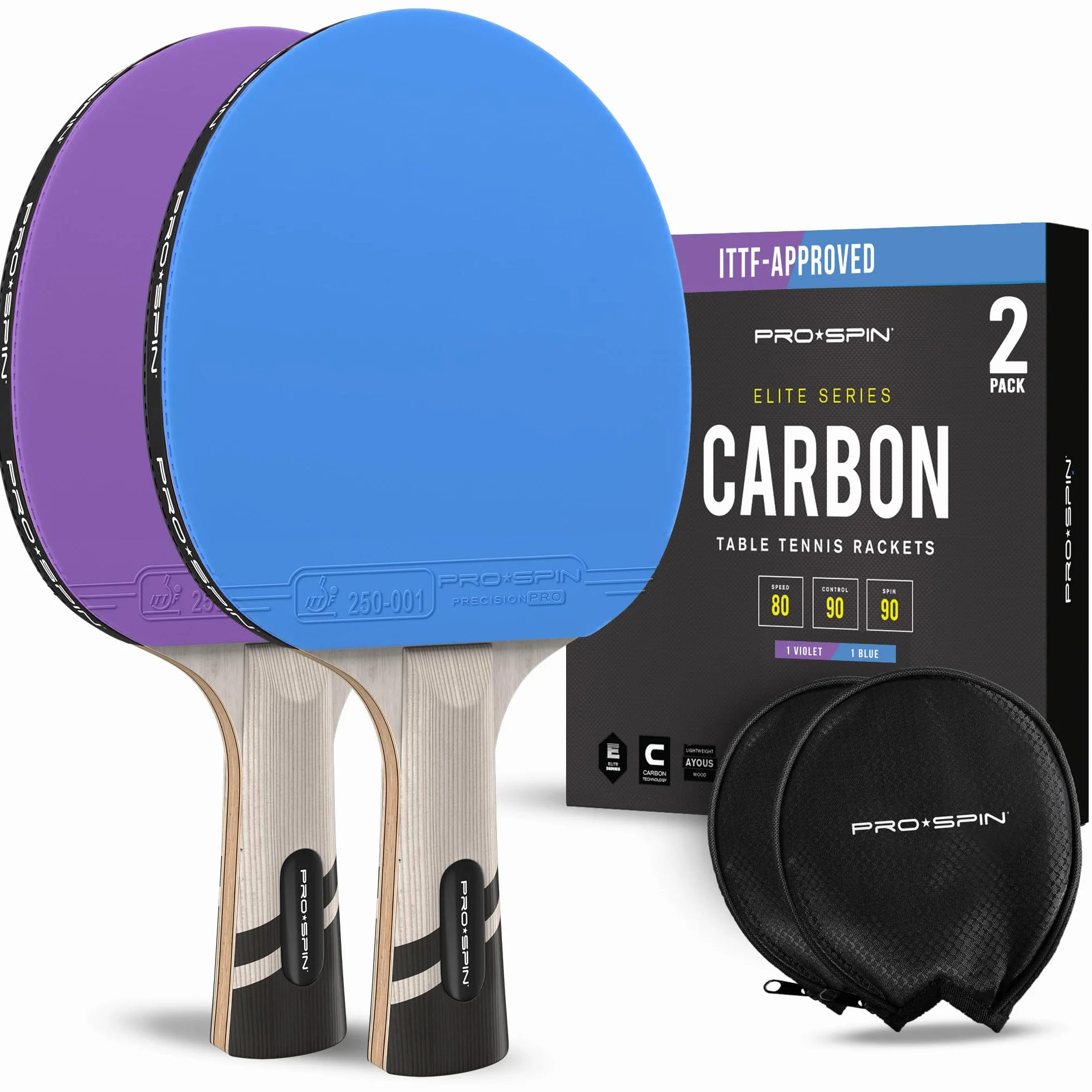 PRO-SPIN Palas de Ping Pong Homologada ITTF Fibra de Carbono Madera 7-Ply Goma Ofensiva Esponja 2 mm