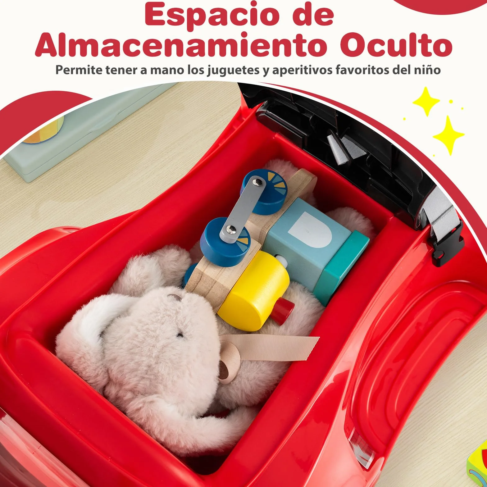 COSTWAY Coche Correpasillo 3 en 1 para Niños, Coche Empujable con Manillar, Bocina, Música, Luz y Cinturón de Seguridad, Juguete de Montar con Almacenaje y Manillar Parental (Rojo)