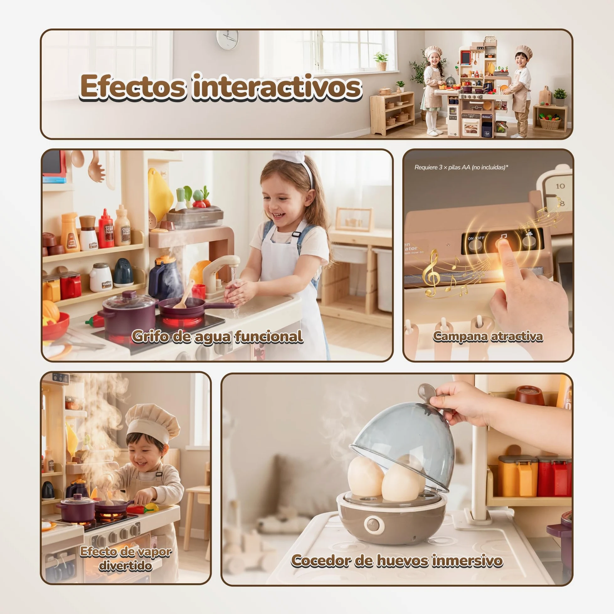 Cocina Infantil Grande con luz y Sonido – Juguete con Funciones Reales y Accesorios – Grifo, Vapor, Cocina de Huevos, Pizarra – para niños a Partir de 3 años
