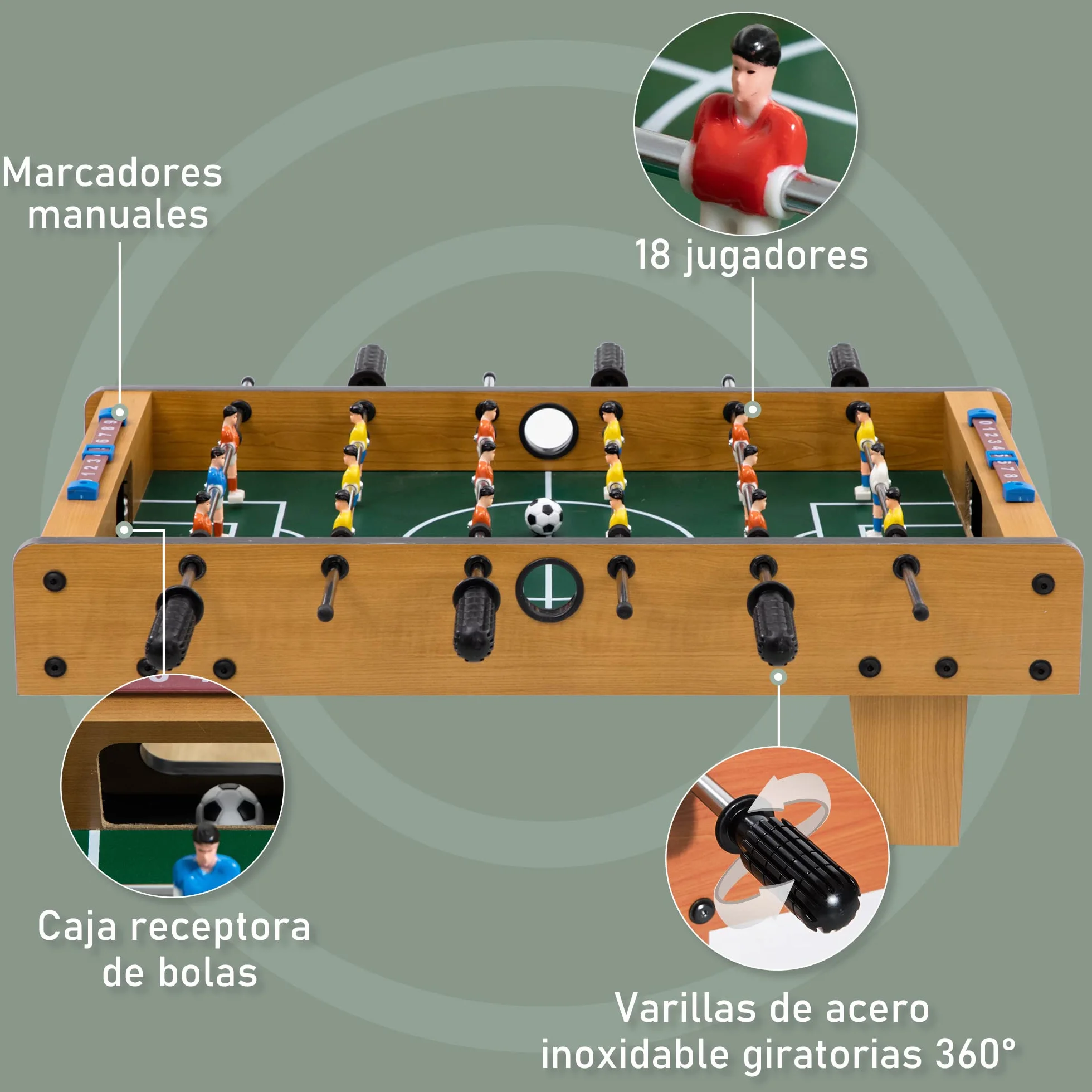 HOMCOM Futbolín de Mesa, Cuerpo Madera Resistente, Juego Mesa de Fútbol con 18 Jugadores, 2 Bolas, 6 Asas y 2 Marcadores de Puntos para 2-4 Personas, 70x37x22 cm, para Niños de 6+ Años y Adultos