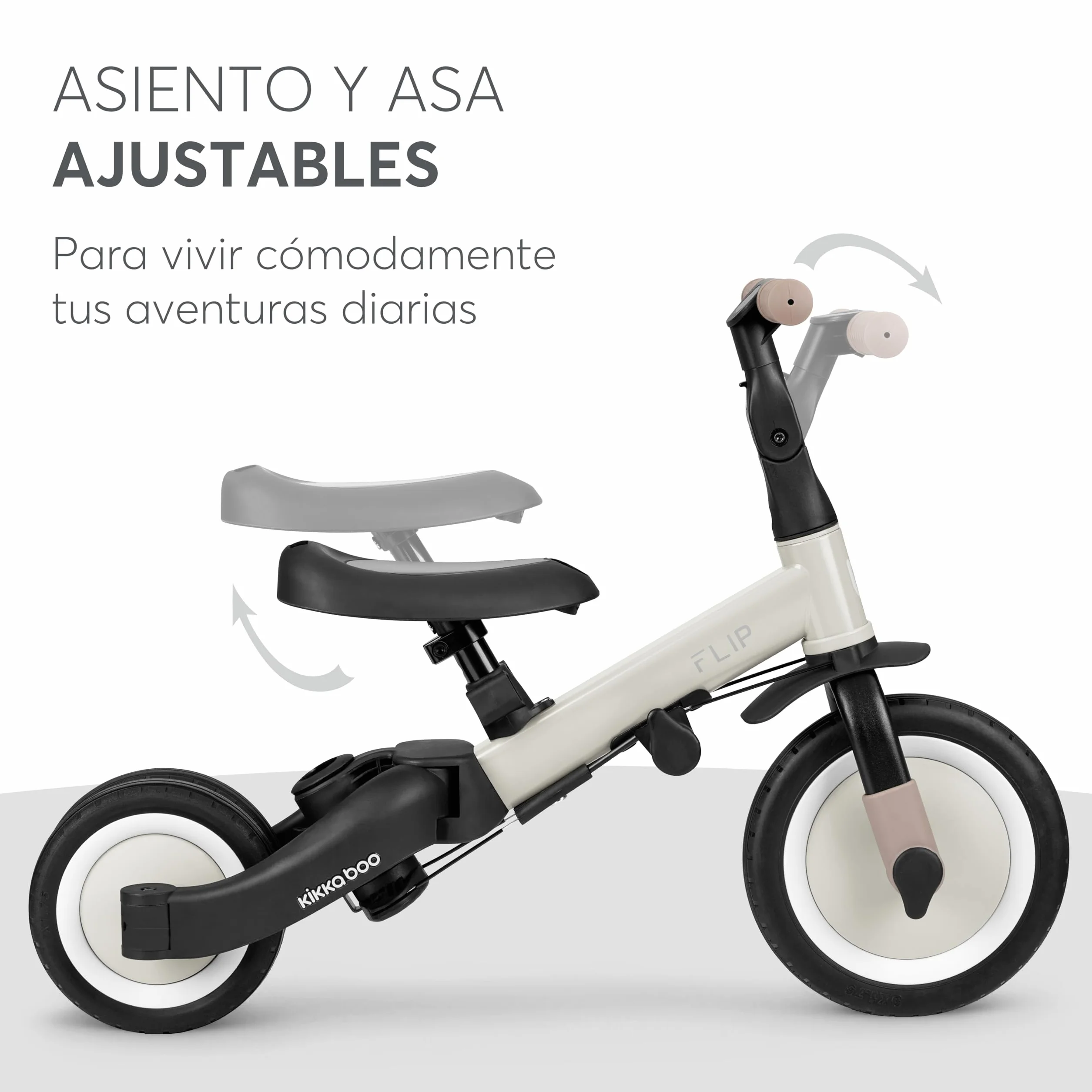 KikkaBoo FLIP, Triciclo Evolutivo de Bebé 5 en 1, Bicicleta con o sin Pedales, Ajustable y Transformable, Beige, Desde 1 Año Hasta 5 Años
