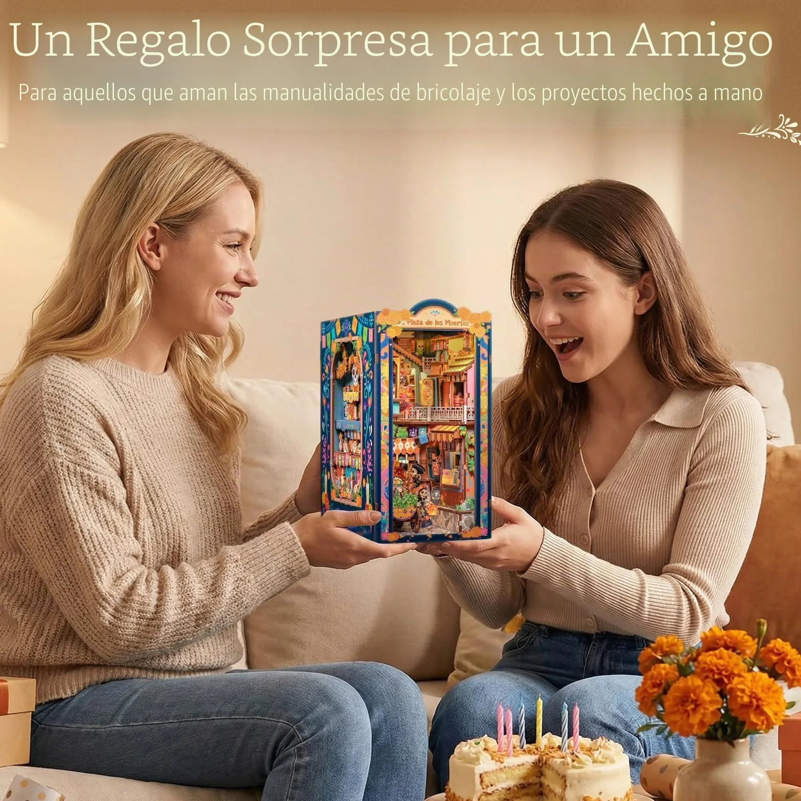 CUTEBEE Book Nook Kit - Casa de Muñecas DIY para Adultos, Maqueta en Miniatura para Montar, Rompecabezas 3D de Madera del Día de Muertos, Decoración para Estantería (Plaza de los Muertos)