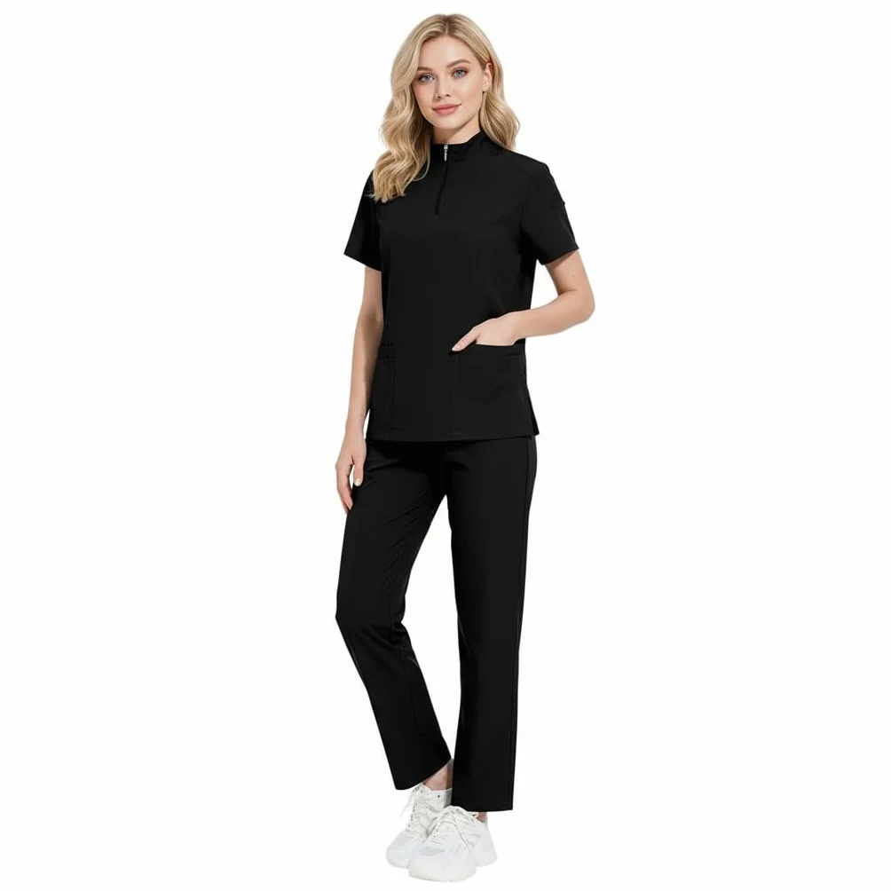 Set de uniformes médicos para mujer DK50 con cuello en V y cremallera, cuatro bolsillos, pantalón de yoga elastizado