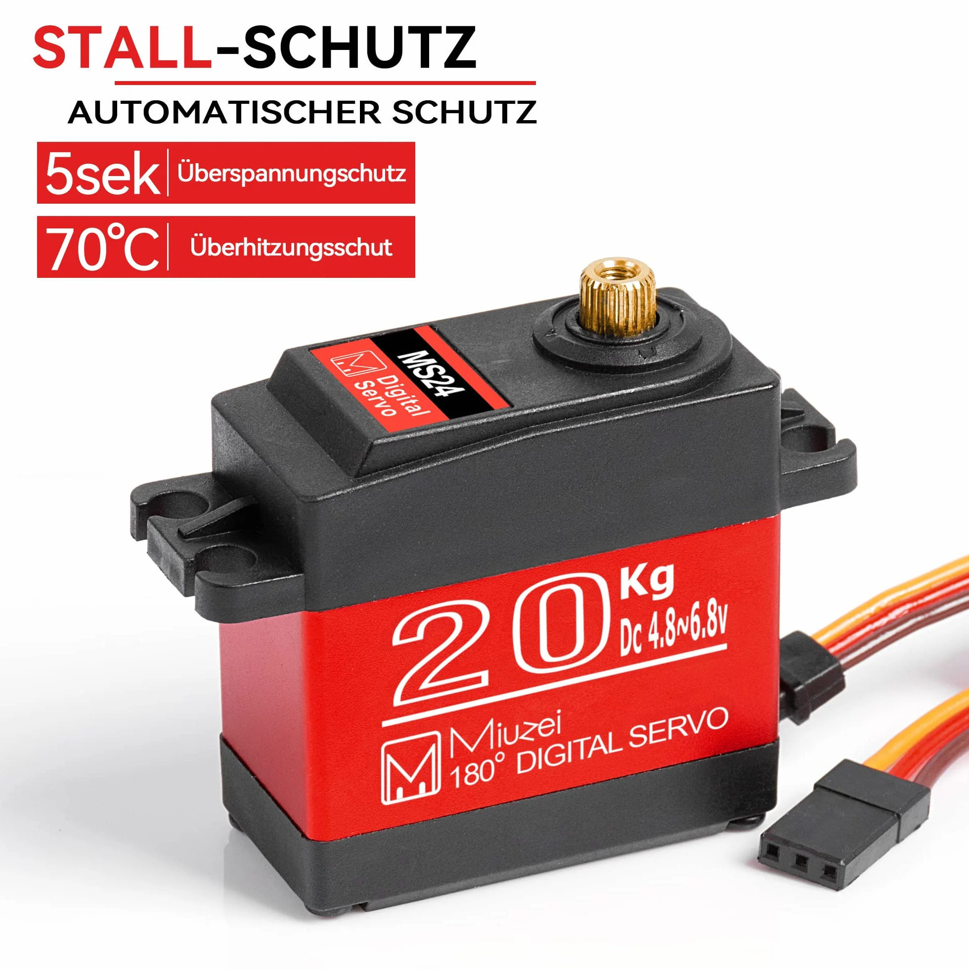 Miuzei 20kg RC Servo Motor 180° Metal Gear Digital Servos with Extension Cable for Arduino Mini,RC Helicoptero Robot Arm Car 1/10 1/8 8,4V Dc High Speed Torque