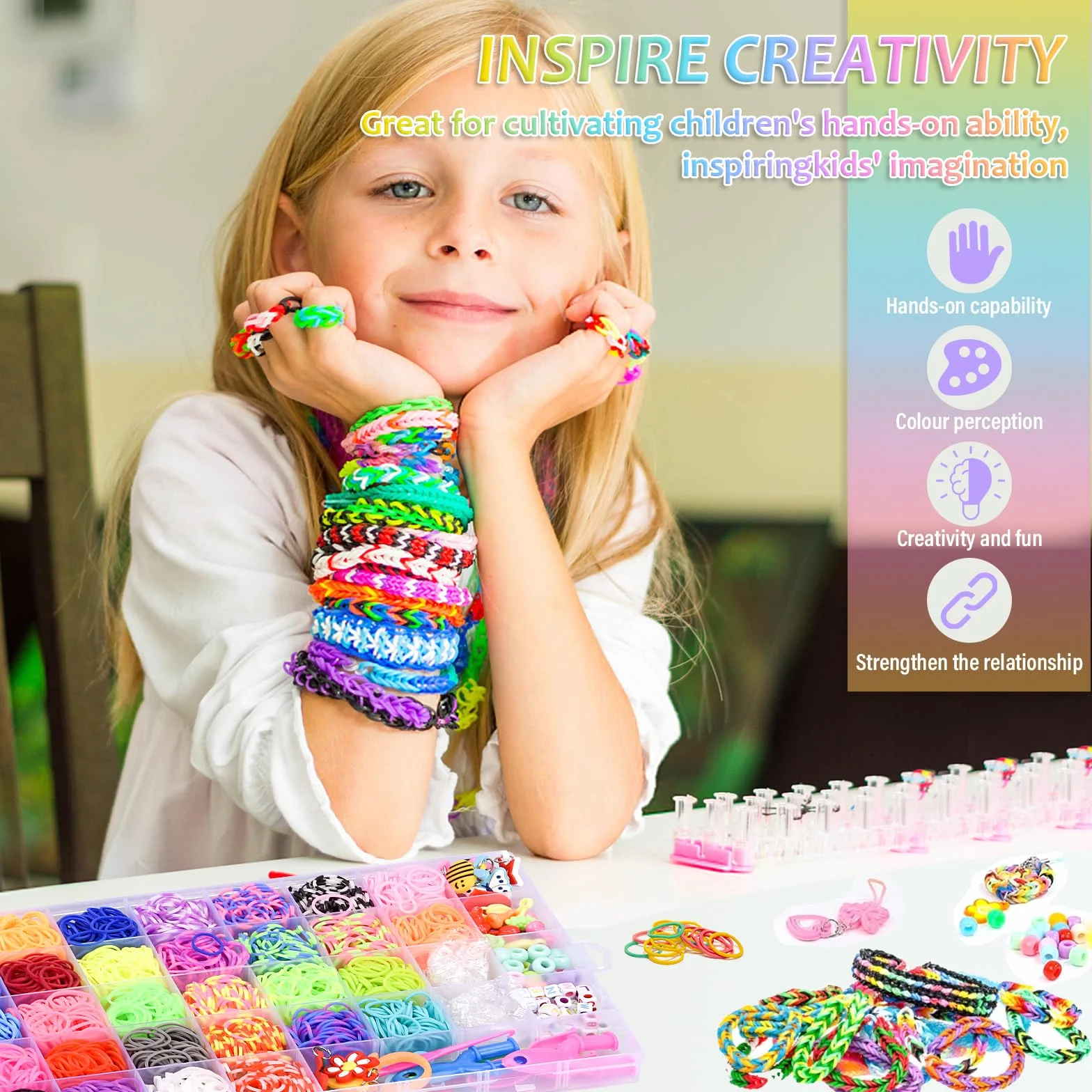 AOKITO Juego de 2500 cintas de loom, 32 colores, bandas de goma con ganchos de perlas, caja de almacenamiento, pulseras de accesorios para hacer tus propias pulseras