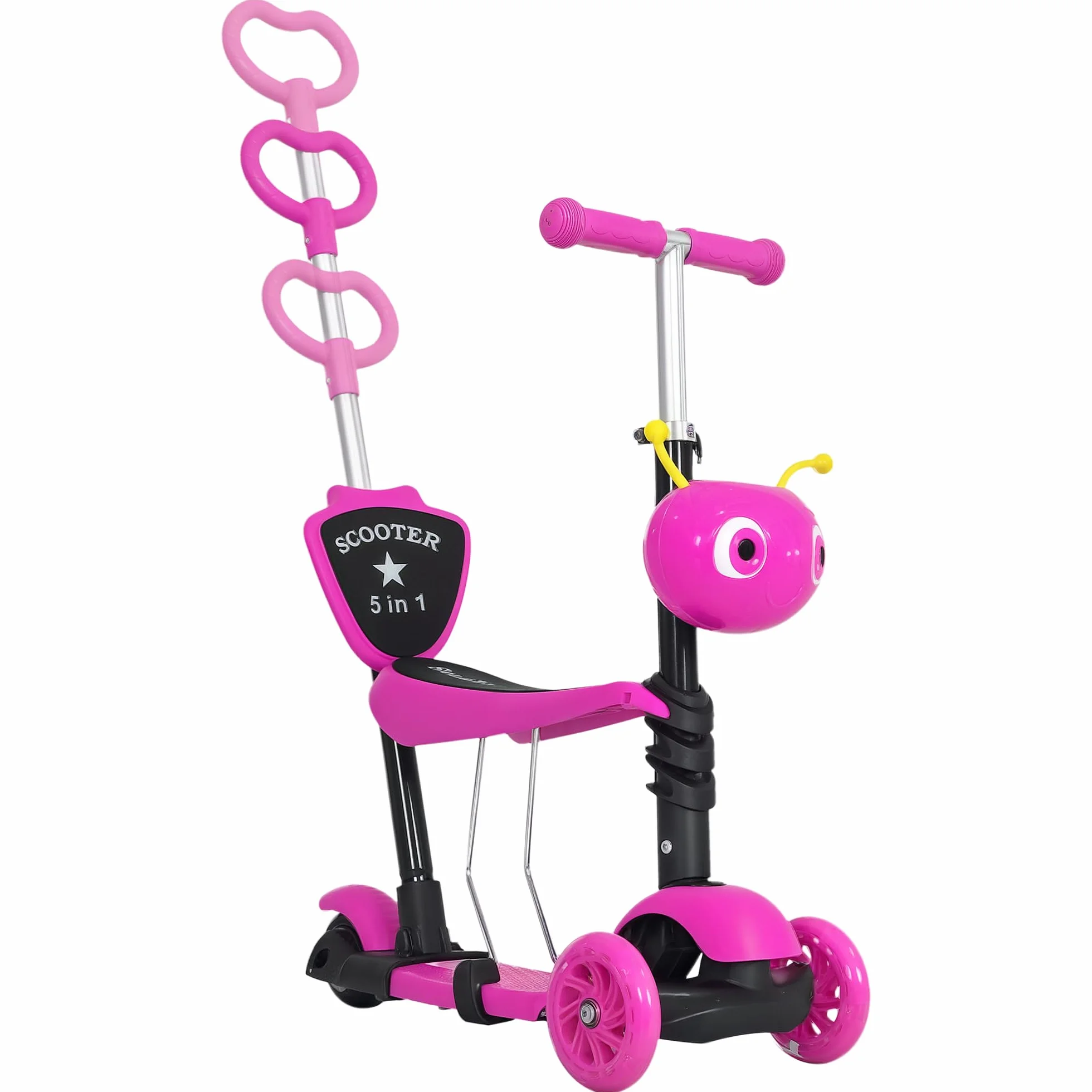 HOMCOM 3 en 1 Patinete para Niños de +18 Meses Scooter de 3 Ruedas con Asiento Extraíble Manillar Mango de Empuje Altura Ajustable 62x25x72,5 cm Rosa