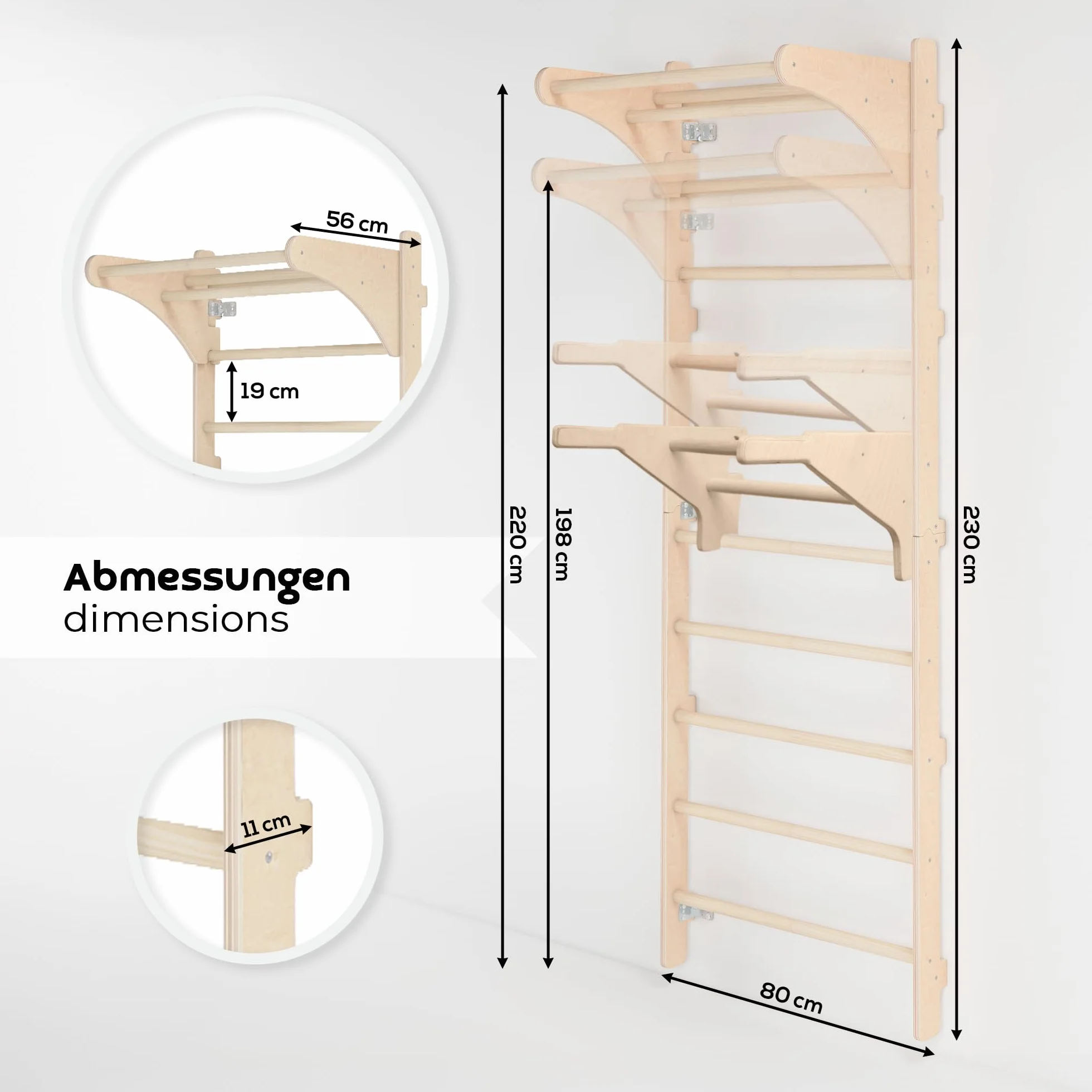MAMOI Pared de Escalada de Madera con Barra de dominadas 230 cm, Dispositivo de Fitness Multifuncional