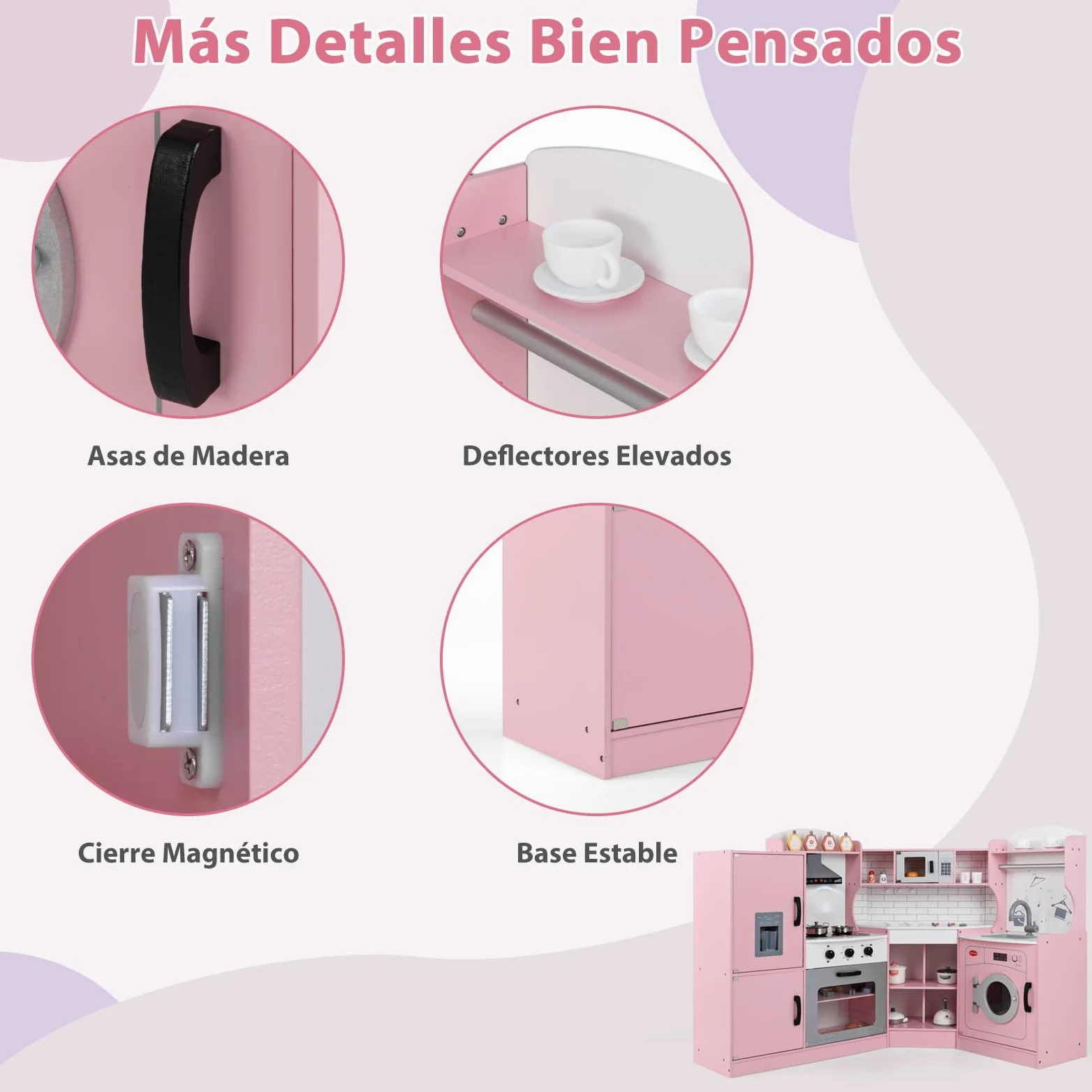 GOPLUS Cocina de Juguete de Esquina para Niños, Cocinita Infantil con Máquina de Hielo, Microondas, Estufa, Horno, Fregadero, Lavadora, con Luces y Sonidos para Niños Pequeños de 3-10 Años (Rosa)