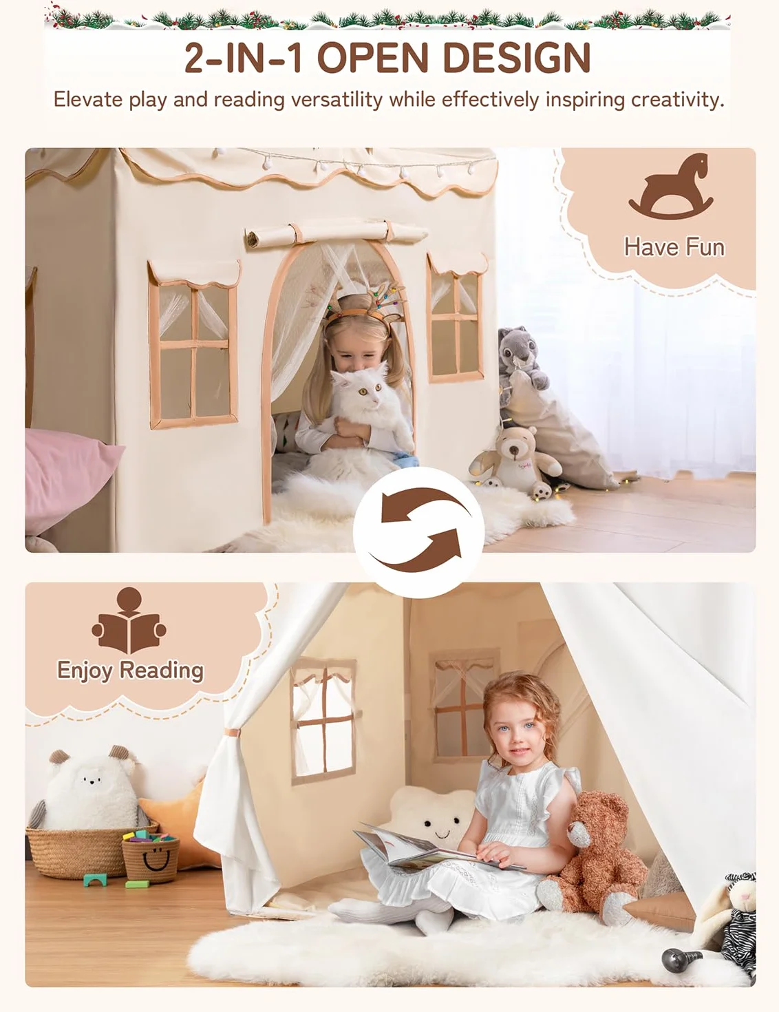besrey Tienda de Campaña Infantil 2 en1 con Alfombra Acolchada, Luces y Banderas, Casita Infantil Tela de Juegos con 2 Puertas y 4 Ventanas, Cabañas para Niños