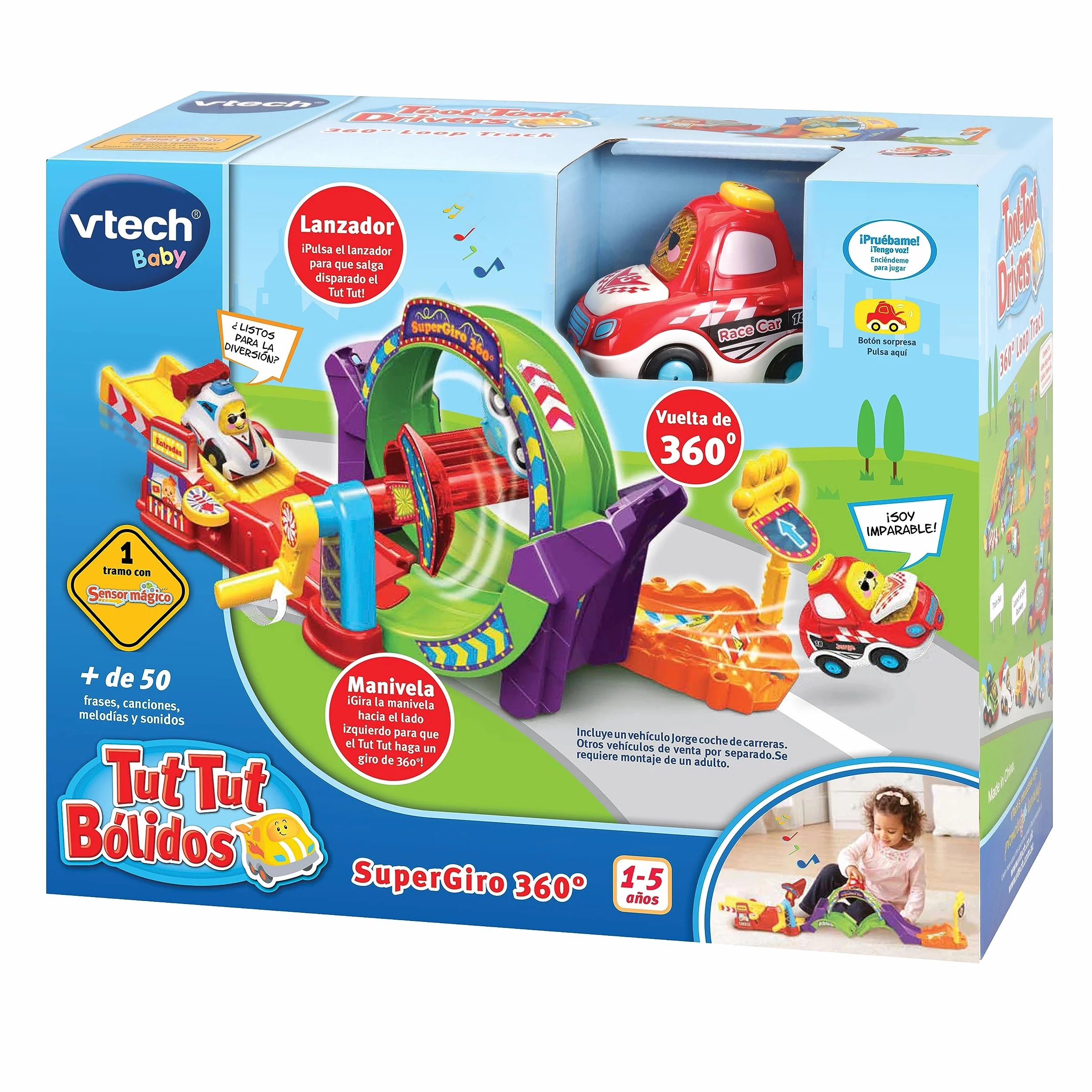 VTech - Supergiro 360º TutTut Bólidos, Pistas y Coches de Juguete para niños +1 año, Circuito con looping para Combinar, Incluye Jorge Coche Carreras, Versión ESP