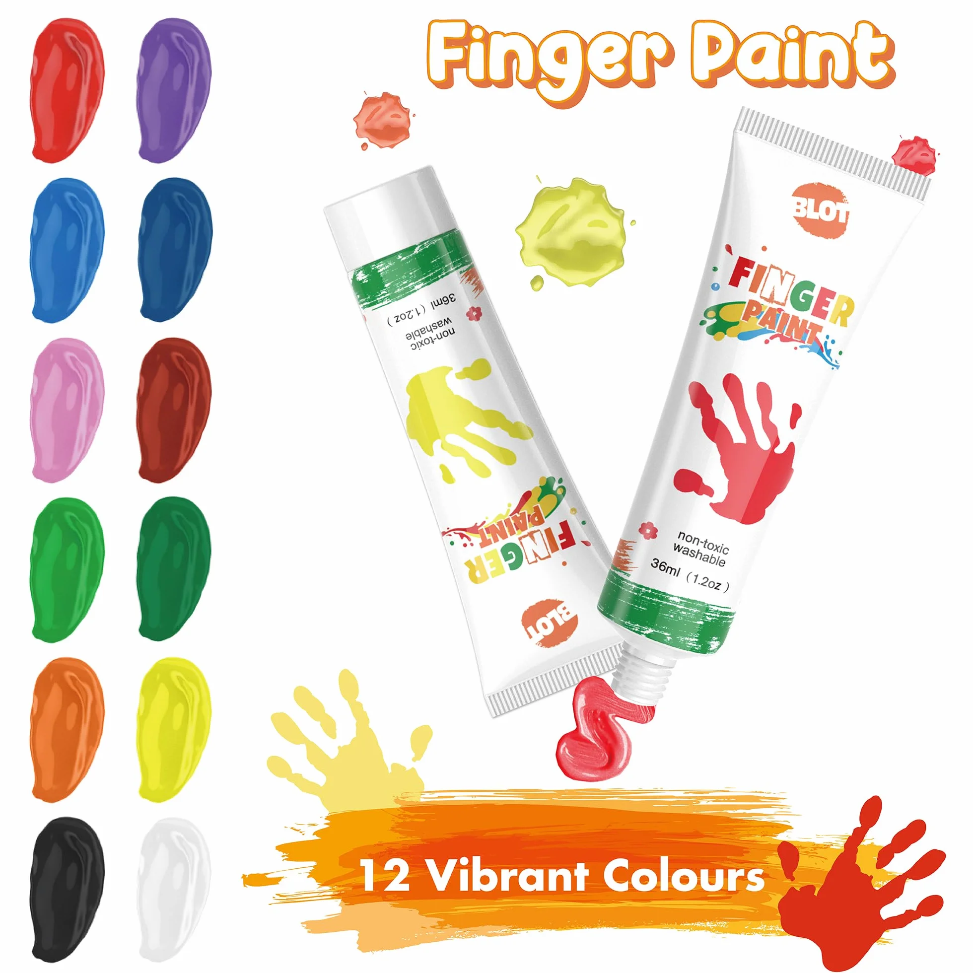 BLOT Pintura de Dedos para Niños Pequeños, Set de Pinturas de Dedos Lavables para Niños, 12 Colores (36ml cada uno), Incluye 7 Herramientas de Esponja, 6 Pinceles, Paleta y Cubo, A partir de 3 años