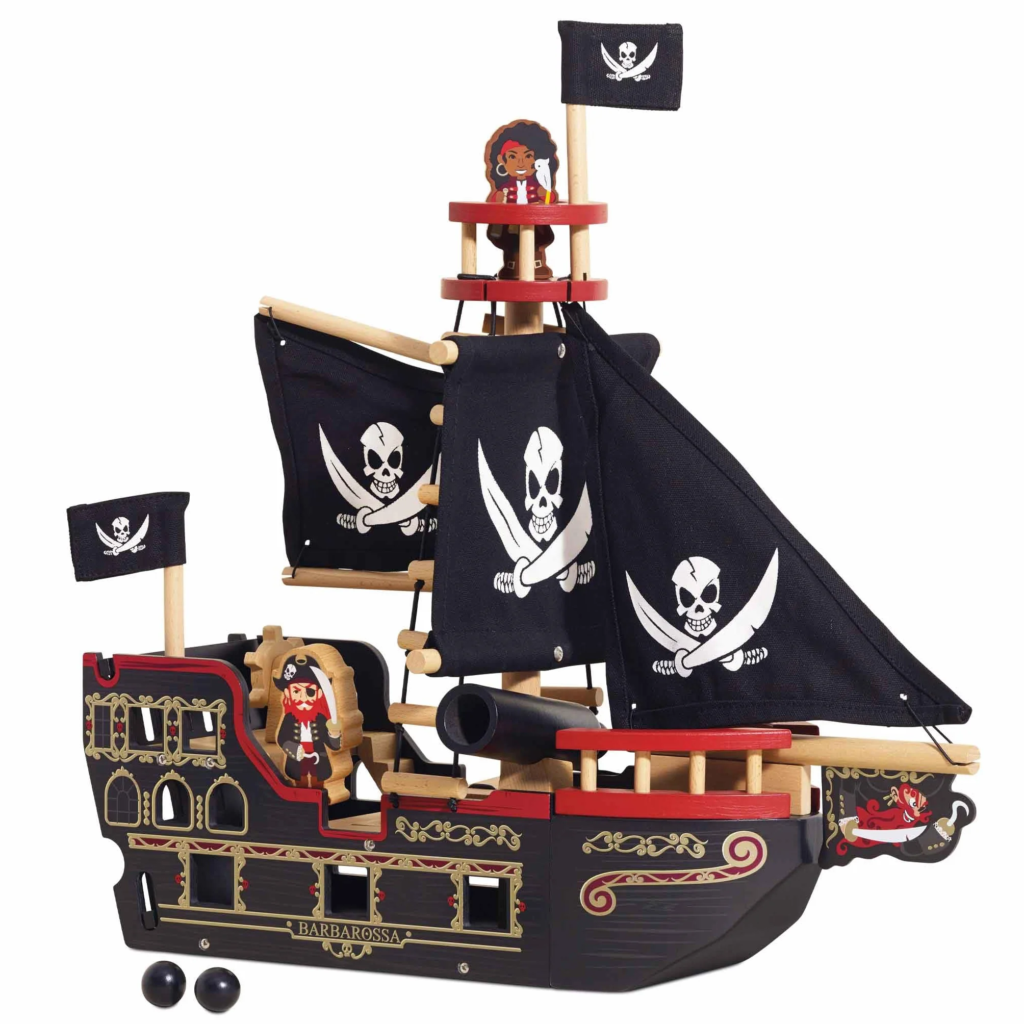 Le Toy Van - TV246 - Juego de Madera Galeón Pirata 3 años, Barco Pirata de Barbarroja, 2 Piratas incluidos, Brilla en la Oscuridad, 48 x 24 x 49 cm, Juegos ecológicos Montessori